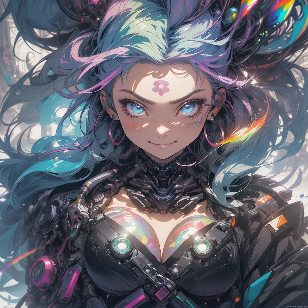 (((highest quality))),(((detailed eyes))),(((32k))),(1 girl),rainbow colored hair,(tattoo),(cyber punk),Rainbow kimono,((Luxurious and gorgeous)),Shiny skin,earrings,flashy,((Super beautiful woman)),(perfect face),Japanese sword,ultimate texture,official art,Ukiyo-e,stylish,photograph,perfect body,smile,Bewitching,Highest image quality,distinct,real,fantasy,(Near the future),ninja,perfect eyes,big breasts,((cleavage)),highlight,挑発的なsmile,stick out tongue,split tongue,((mechanical)),Mecha,サイボーグninja,