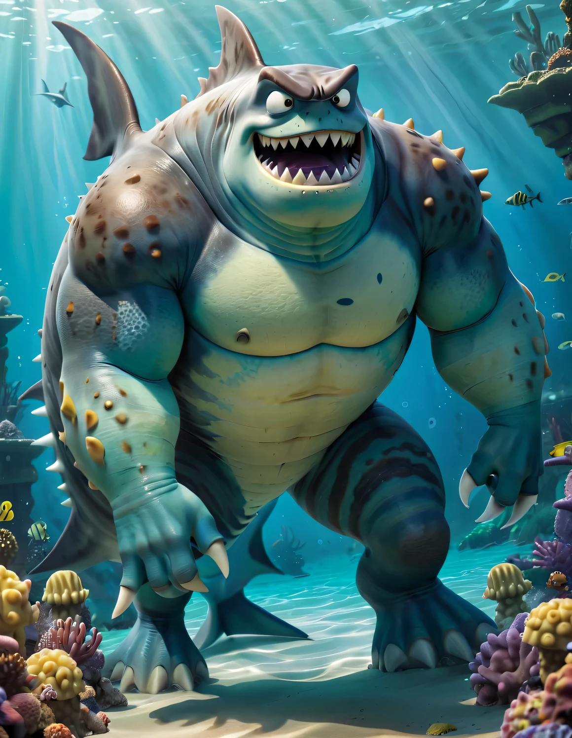 （character idea），Very unified CG design，SpongeBob&#39;sThe big shark Poseidon has a very unique appearance.，Standing height about 2 meters，Weight about 120kg，Strong build，muscular。His skin is dark blue，it&#39;full of spots，These spots are shaped like sponges，His eyes are black，sharp vision，His teeth are sharp and pointy，intimidating，behind head，he has a long fin，His arms and legs are very strong，Claws as sharp as hooks，His tail is big and powerful，So he can swim in the water，SpongeBob海神波塞冬被一层粘稠液体覆盖，This layer of liquid emits weak fluorescence，Make him look more mysterious，His appearance is full of strength and wildness，