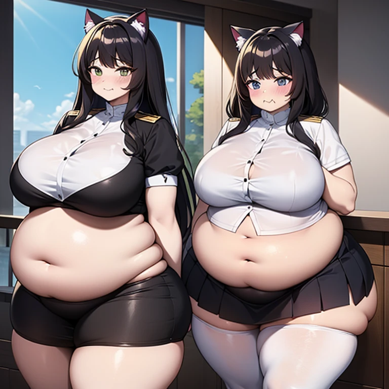 （masterpiece、best quality、super quality、perfect anatomy、detailed、intricate details、Impeccable attention to detail、Superb execution、Beautiful big breasts、upscale、Perfect craftsmanship、expressive art：1.3），（fat、chubby、Plum：3.45）， 2 girls，captain, black hair color hair, long white hair, through bangs, wide waist, wide body,Cat ear，huge belly，The abdomen is divided into two layers，captain，Hip-hugging skirt：3），The fabric on the chest is tight，chubby，heavy stomach，Two fat cat women huddled together facing each other，The clasp cracks，Skirt tears，captain，Eating，tights，captain，The fabric on the chest is tight，captain