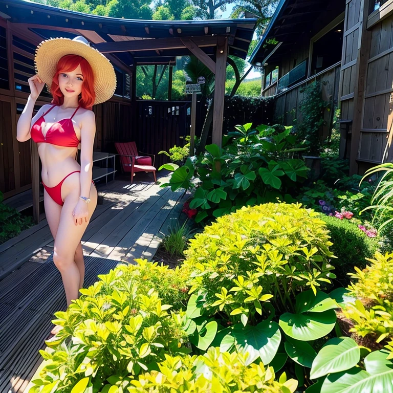 there is a woman in a bikini and hat standing on a deck, red bikini, wearing two - piece swimsuit, on a sunny day, with straw hat, amouranth, is wearing a swimsuit, 2 4 year old female model, at the waterside, in a bikini, with red hair, in the sun, red hat, in the garden