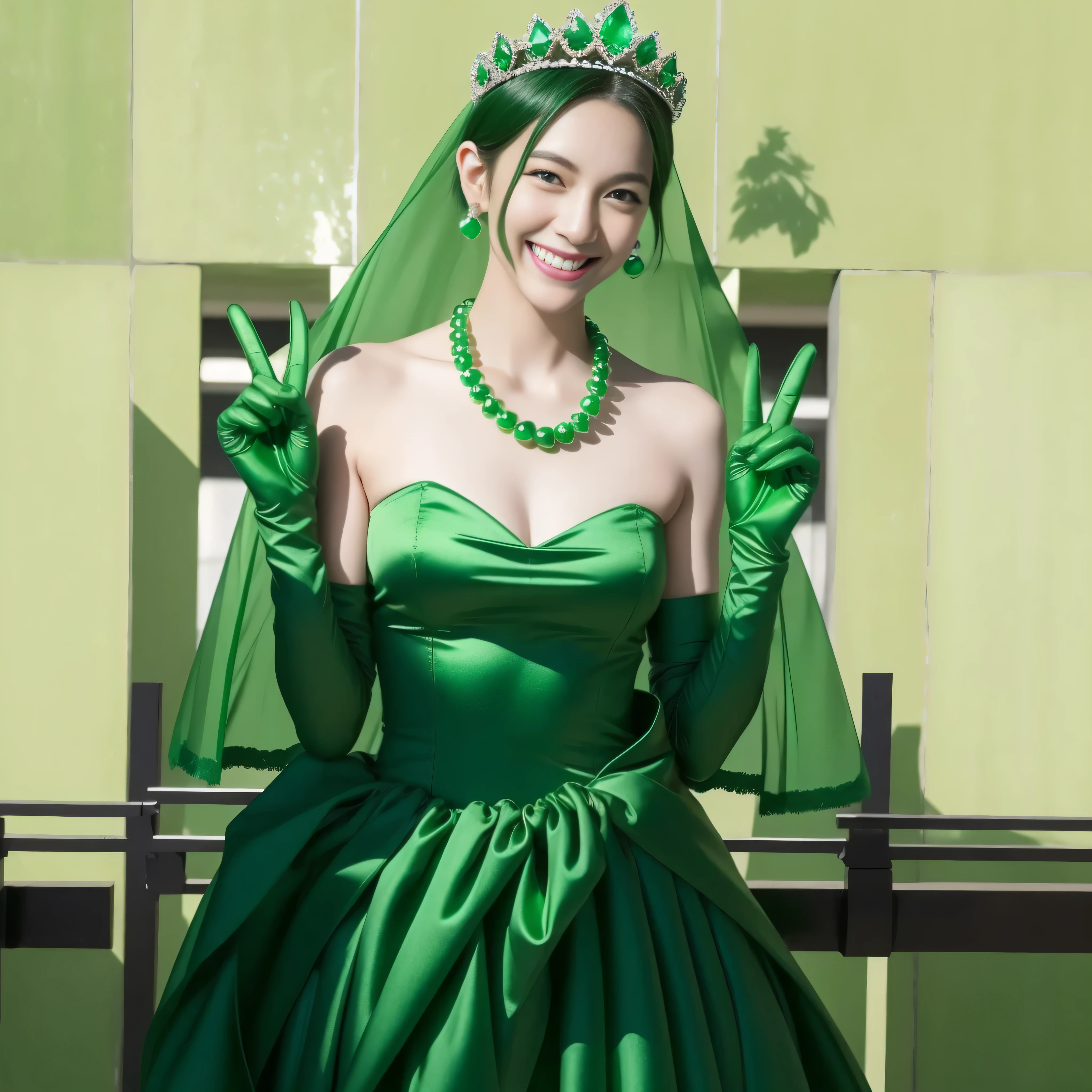 emerald tiara, green pearl necklace, boyish very short green hair, lipstick, smiling Japanese woman, very short hair, big breasts beautiful, green eyes, Long green satin gloves, green eyes, V sign, emerald earrings, green veil