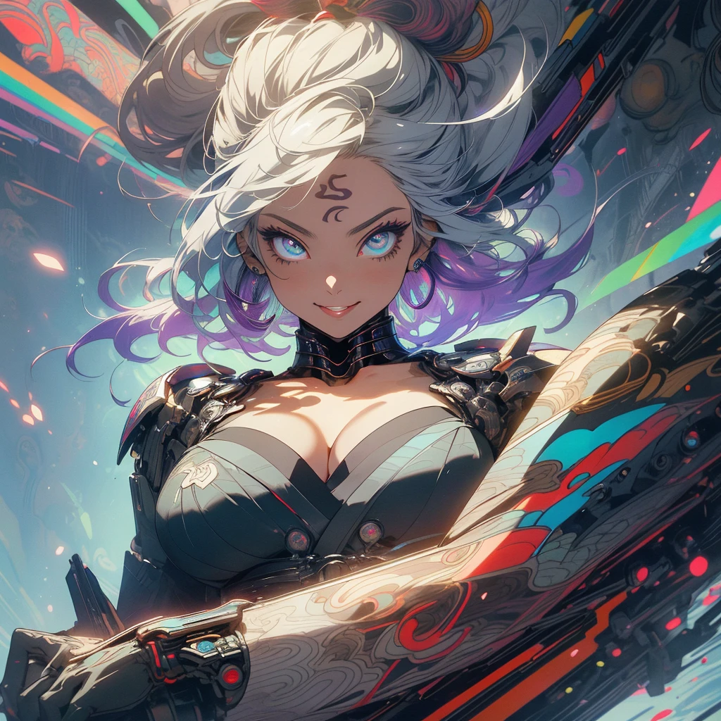 (((highest quality))),(((detailed eyes))),(((32k))),(1 girl),rainbow colored hair,(tattoo),(cyber punk),Rainbow kimono,((Luxurious and gorgeous)),Shiny skin,earrings,flashy,((Super beautiful woman)),(perfect face),Japanese sword,ultimate texture,official art,Ukiyo-e,stylish,photograph,perfect body,smile,Bewitching,Highest image quality,distinct,real,fantasy,(Near the future),ninja,perfect eyes,big breasts,((cleavage)),highlight,挑発的なsmile,stick out tongue,split tongue,((mechanical)),Mecha,サイボーグninja,