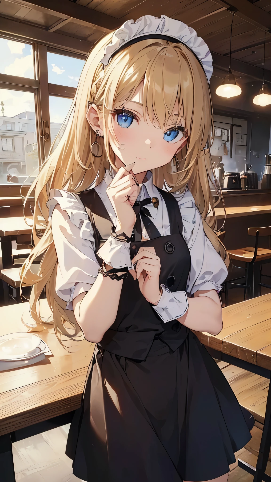 最high quality、best image quality、masterpiece、with a girl((18-year-old、Maid clothes、vest bust、bust 85、blonde、long hair、blue eyes、open your chest wide、valley、happiness、Black wristband on wrist、Slender、Ear Nipple Ring、The wind blows,Have a coffee cup、close to the viewer、Face-to-face with your audience、Please sit down、wink)）high quality、visual art、With background((coffee shop、Counter seats、Coffee maker))、table(menu、Coffee Cups Coffee Cups、Sugar Bottle、milk),tableトップ、