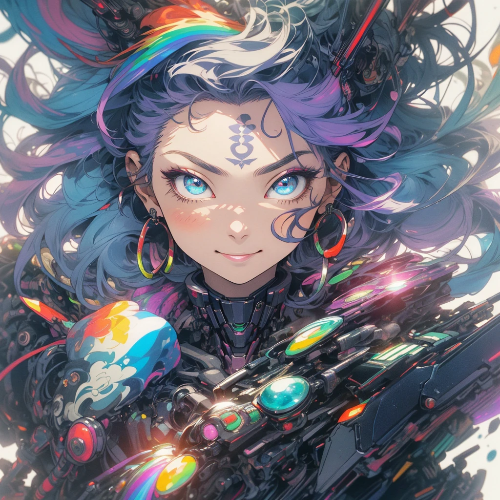 (((highest quality))),(((detailed eyes))),(((32k))),(1 girl),rainbow colored hair,(tattoo),(cyber punk),Rainbow kimono,((Luxurious and gorgeous)),Shiny skin,earrings,flashy,((Super beautiful woman)),(perfect face),Japanese sword,ultimate texture,official art,Ukiyo-e,stylish,photograph,perfect body,smile,Bewitching,Highest image quality,distinct,real,fantasy,(Near the future),ninja,perfect eyes,big breasts,((cleavage)),highlight,挑発的なsmile,stick out tongue,split tongue,((mechanical)),Mecha,サイボーグninja,顔半分mechanical,