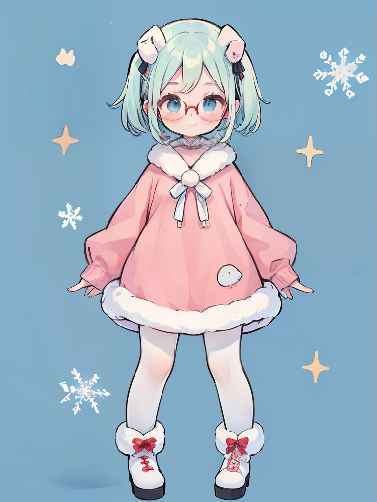 ***********, smiles, (Very small breasts), (deep blue eyes), (Pale green hair, Short hair, forehead, Small pigtails), (red-half-rimed glasses), winter costume with fluff, Warm, fur, Ribboned, knit sweater-in-dress, ribbon tie, Zettai-ryoiki, colorful tights, fur boots, full body Esbian, ​masterpiece, Ultra Quality。