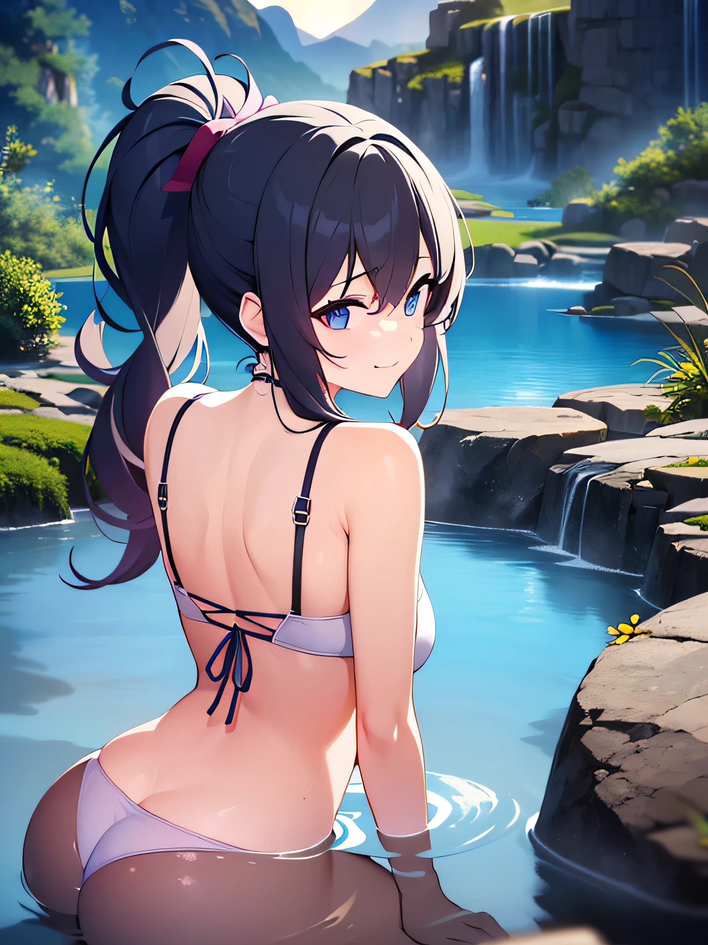 in 8K、top-quality、​masterpiece、ultra-detailliert、Ultra-high resolution、Anime style、outdoor bath、Rock bath、fullmoon、mountains on background、1 girl in、Wrap a bath towel around your body、poneyTail、A smile、wetting hair