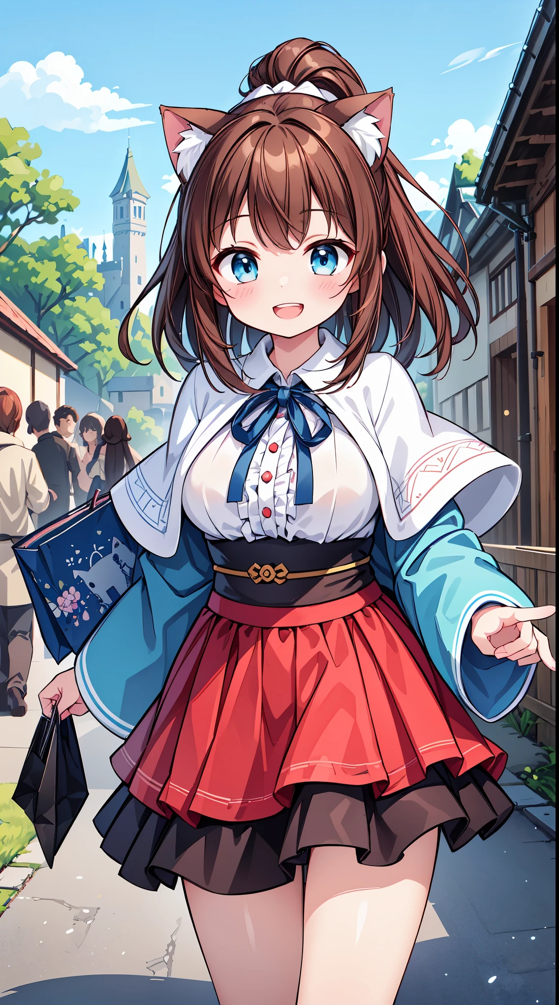 (masterpiece, top quality, best quality, official art, beautiful and aesthetic:1.2),ultra-detailed,intricate details,amazing illustration,award-winning art,atmospheric,
BREAK,
, 1 beautiful girl, (17 years old girl),Solo,(Cute:1.5),(Chibi:0.6),(kawaii:1.5),(Lori:0.5),BREAK,1 beautiful girl, (17 years old girl), Very detailed, colourfull, highest details, BREAK, (Huge breasts: 1. 2), Clear skin, Beautiful skin, Shy skin, 1 beautiful girl, (Brown hair:1.75), (Cat ears, Ponytail, medium-Long hair: 1. 2), (Light blue eyes, long eyelashes, Double eyelids: 1. 2),Solo,gleaming skin, Clear skin, Beautiful skin,(best quality face),(Top quality glowing eyes),(The best smile,:D:1.45), nose blush, sleepy, grin, open mouth,
BREAK, winter-inspired motif, faux fur, white lace, (closed collar long-sleeved blouse with frilled and ribbon:1.2), a volumey pannier under (various kinds of colored:1.1) (long skirt:1.33) with (lots of layered frills:1.2) and ribbons, (fluffy ear muffs and capelet and socks:1.2), ankle boots,
BREAK,Romper,(early evening),Walking, (Fantasy,castle and town:1.5),(Japanese castle town,Beautiful building:1.3),(a person々way of life),(Flowers, Trees, Nature:1.3),romantic,(shopping street,street vendors:1.2),(Blue sky), Waterfall,depth of fields,
BREAK,wakame,wakame,wakame,(Cowboy Shot:1.4),
BREAK,(Blurry background:1.3),(absurderes, hight resolution, Super Detail Art),cel shading,Clear Color, Lonely optical effect, Beautiful pictures, Bright glow, mystic atmosphere,(Close-up of girl:1.1), Mystical light particle effect,manga influence, clean line drawings,