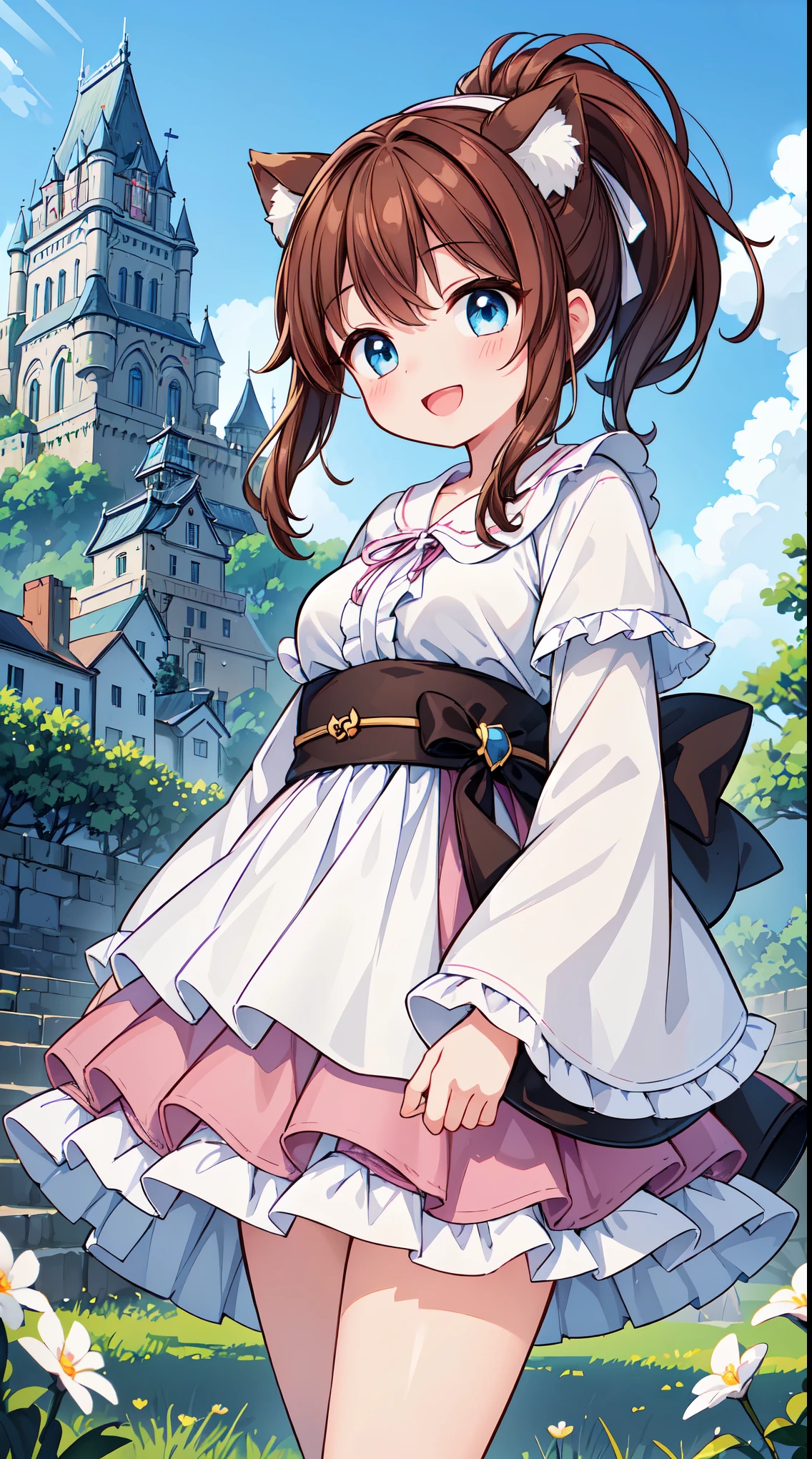 (masterpiece, top quality, best quality, official art, beautiful and aesthetic:1.2),ultra-detailed,intricate details,amazing illustration,award-winning art,atmospheric, 
BREAK, 


, 1 beautiful girl, (17 years old girl),Solo,(Cute:1.5),(Chibi:0.6),(kawaii:1.5),(Lori:0.5),BREAK,1 beautiful girl, (17 years old girl), Very detailed, colourfull, highest details, BREAK, (Huge breasts: 1. 2), Clear skin, Beautiful skin, Shy skin, 1 beautiful girl, (Brown hair:1.75), (Cat ears, Ponytail, medium-Long hair: 1. 2), (Light blue eyes, long eyelashes, Double eyelids: 1. 2),Solo,gleaming skin, Clear skin, Beautiful skin,(best quality face),(Top quality glowing eyes),(The best smile,:D:1.45),   nose blush, sleepy, grin, open mouth,
BREAK, winter-inspired motif, faux fur, white lace, (closed collar long-sleeved blouse with frilled and ribbon:1.2), a volumey pannier under (various kinds of colored:1.1) (long skirt:1.33) with (lots of layered frills:1.2) and ribbons, (fluffy ear muffs and capelet and socks:1.2), ankle boots,

BREAK,Romper,(early evening),Walking, (Fantasy,castle and town:1.5),(Japanese castle town,Beautiful building:1.3),(a person々way of life),(Flowers, Trees, Nature:1.3),romantic,(shopping street,street vendors:1.2),(Blue sky), Waterfall,depth of fields,
BREAK,wakame,wakame,wakame,(Cowboy Shot:1.4),

BREAK,(Blurry background:1.3),(absurderes, hight resolution, Super Detail Art),cel shading,Clear Color, Lonely optical effect, Beautiful pictures, Bright glow, mystic atmosphere,(Close-up of girl:1.1), Mystical light particle effect,manga influence, clean line drawings,