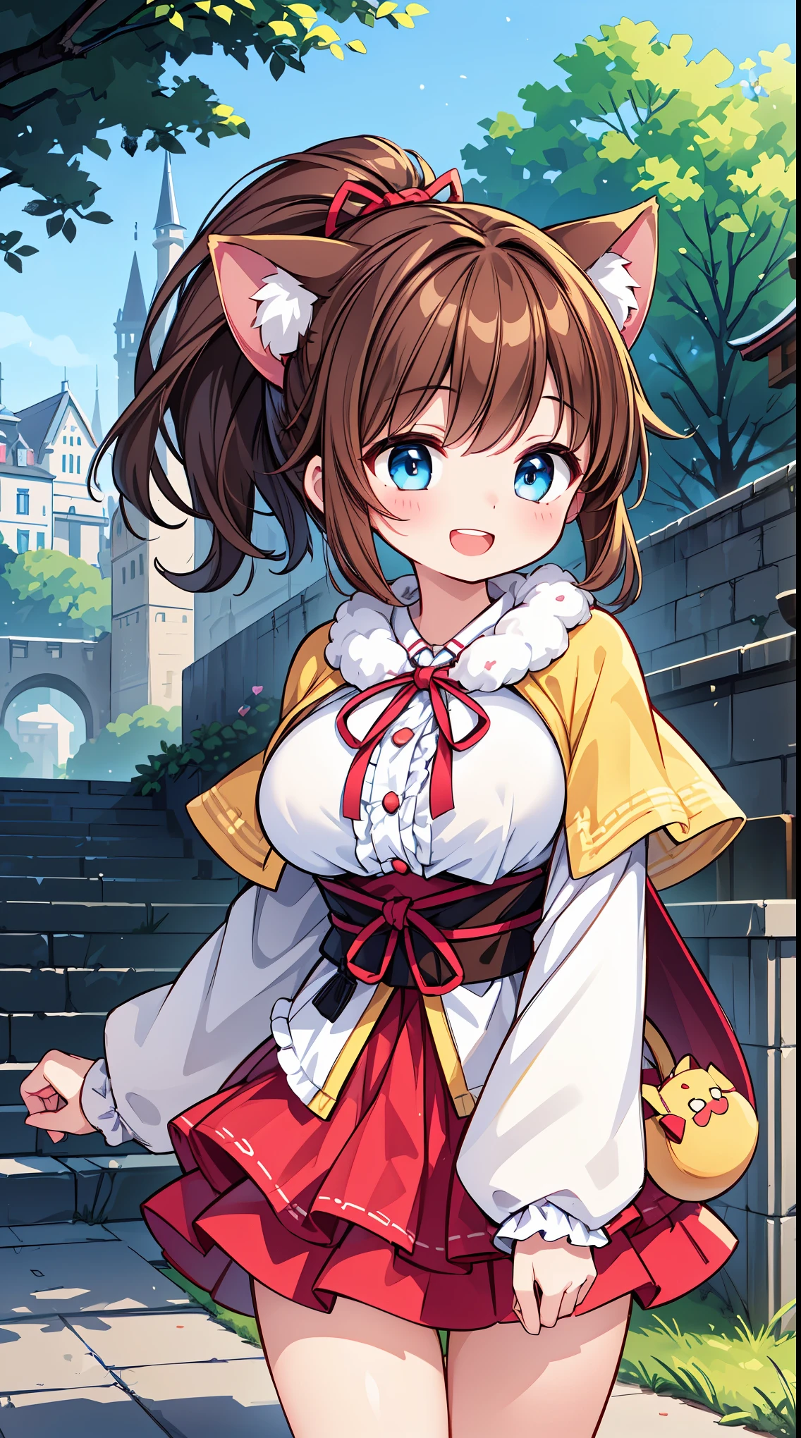 (masterpiece, top quality, best quality, official art, beautiful and aesthetic:1.2),ultra-detailed,intricate details,amazing illustration,award-winning art,atmospheric,
BREAK,
, 1 beautiful girl, ( girl),Solo,(Cute:1.5),(Chibi:0.6),(kawaii:1.5),(Lori:0.5),BREAK,1 beautiful girl, (17 years old detailed, colourfull, highest details, BREAK, (Huge breasts: 1. 2), Clear skin, Beautiful skin, Shy skin, 1 beautiful girl, (Brown hair:1.75), (Cat ears, Ponytail, medium-Long hair: 1. 2), (Light blue eyes, long eyelashes, Double eyelids: 1. 2),Solo,gleaming skin, Clear skin, Beautiful skin,(best quality face),(Top quality glowing eyes),(The best smile,:D:1.45), nose blush, sleepy, grin, open mouth,
BREAK, winter-inspired motif, faux fur, white lace, (closed collar long-sleeved blouse with frilled and ribbon:1.2), a volumey pannier under (various kinds of colored:1.1) (long skirt:1.33) with (lots of layered frills:1.2) and ribbons, (fluffy ear muffs and capelet and socks:1.2), ankle boots,
BREAK,Romper,(early evening),Walking, (Fantasy,castle and town:1.5),(Japanese castle town,Beautiful building:1.3),(a person々way of life),(Flowers, Trees, Nature:1.3),romantic,(shopping street,street vendors:1.2),(Blue sky), Waterfall,depth of fields,
BREAK,wakame,wakame,wakame,(Cowboy Shot:1.4),
BREAK,(Blurry background:1.3),(absurderes, hight resolution, Super Detail Art),cel shading,Clear Color, Lonely optical effect, Beautiful pictures, Bright glow, mystic atmosphere,(Close-up of girl:1.1), Mystical light particle effect,manga influence, clean line drawings,