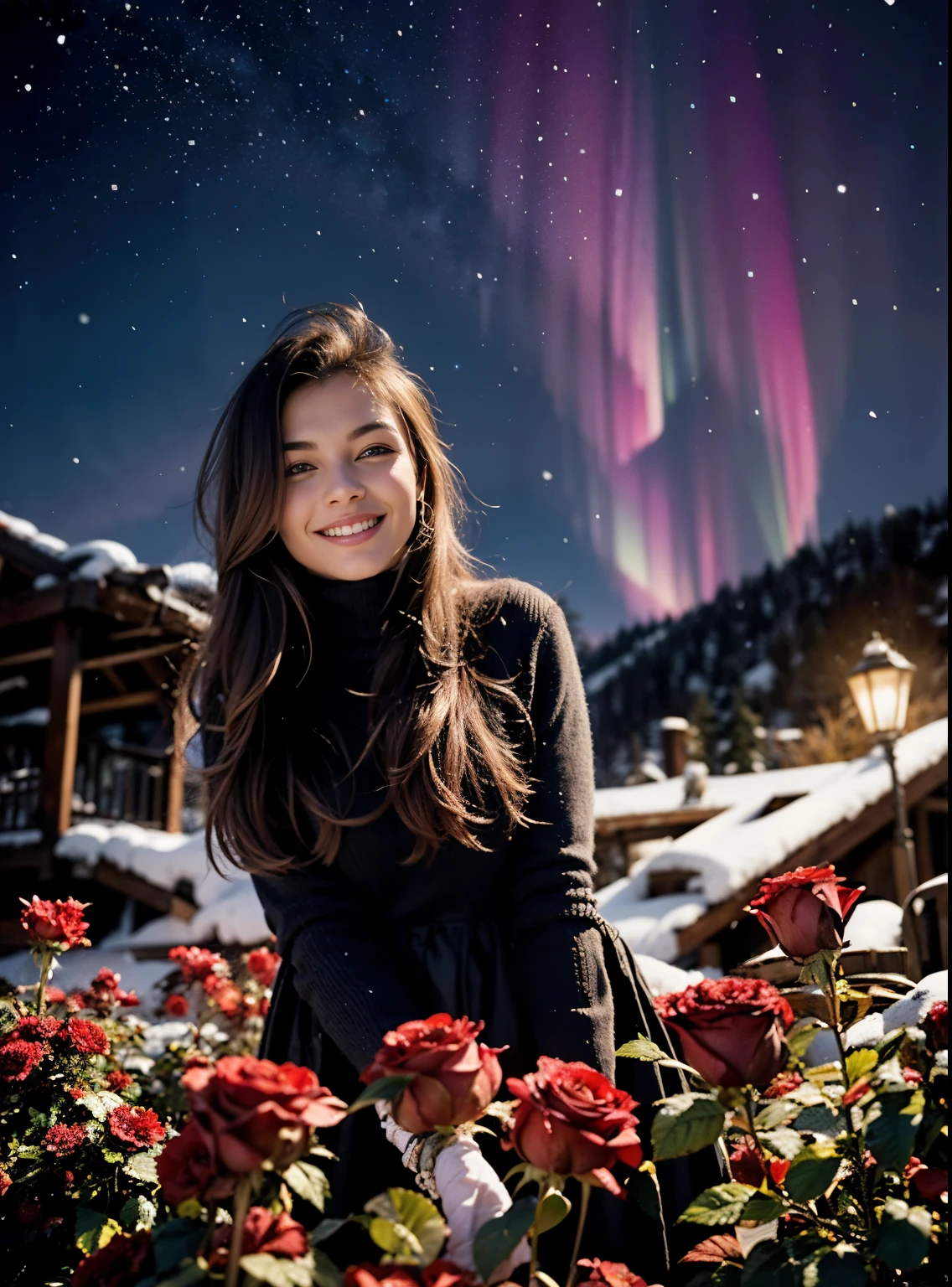 Create an artwork with three blended layers. The first layer should be the bottom third of the image and should contain the foreground. The second layer should be the middle third of the image and should contain the middle ground. The third layer should be the top third of the image and should contain the background.
Foreground: blurry red roses. Middle ground: an ultra hot European woman, age 23, (leaning forward:1.2), smelling roses with a smile. Background a snowy village, winter starry night, northern lights.