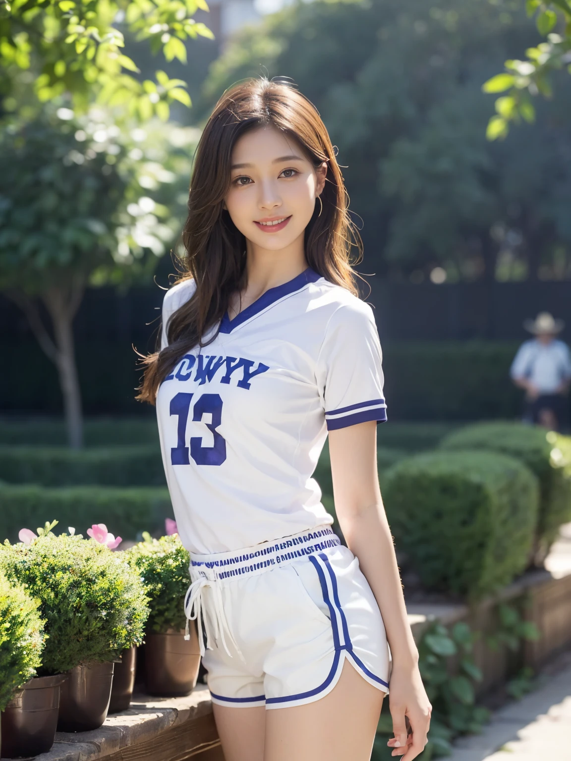 ((((highest quality))))、(((Ultra-precision CG16K wallpaper)))、(((masterpiece)))、(((Super detailed)))、(((super extreme details)))、1people's women、mature woman、25 year old woman、((Japanese face))、((very beautiful face))、((Sasaki Nozomi:1.5))、((Soft wave semi-long hair:1.3))、(shiny hair)、bangs up to eyebrows、beautiful brown hair、beautiful delicate eyes、brown eyes、raised eyebrows、high nose、small nostrils、small mouth、seductive lips、mouth slightly open、beautiful breasts、C cup size breasts、cleavage、plump body、perfect proportions、perfect anatomy、perfect composition、beautiful detailed shading、beautiful natural lighting、beautiful detail glow、Depth of bounds written、(((High chroma)))、(((real:1.9)))、((vivid:1.4))、((beautiful skin))、((skin texture))、((realな皮膚感))、(((cowboy shot:1.5)))、((Angle seen from the front:1.5))、((smile:1.4))、(Eyes looking at me:1.4)、bright sunshine、(((garden:1.3)))、(standing pose:1.5)、(((white sports jersey clothing:1.5)))、(((skinny shorts clothing:1.5)))、