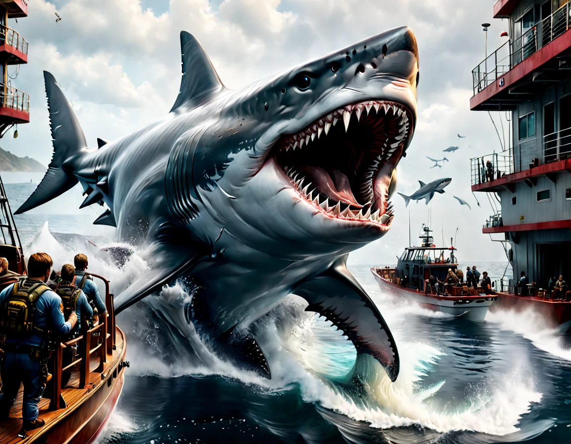 adventure movie poster, Mega Shark, (realistic, photorealistic, RAWphoto:1.4), octane render, intricate, (best quality, masterpiece, Representative work, official art, Professional, 8k:1.3)