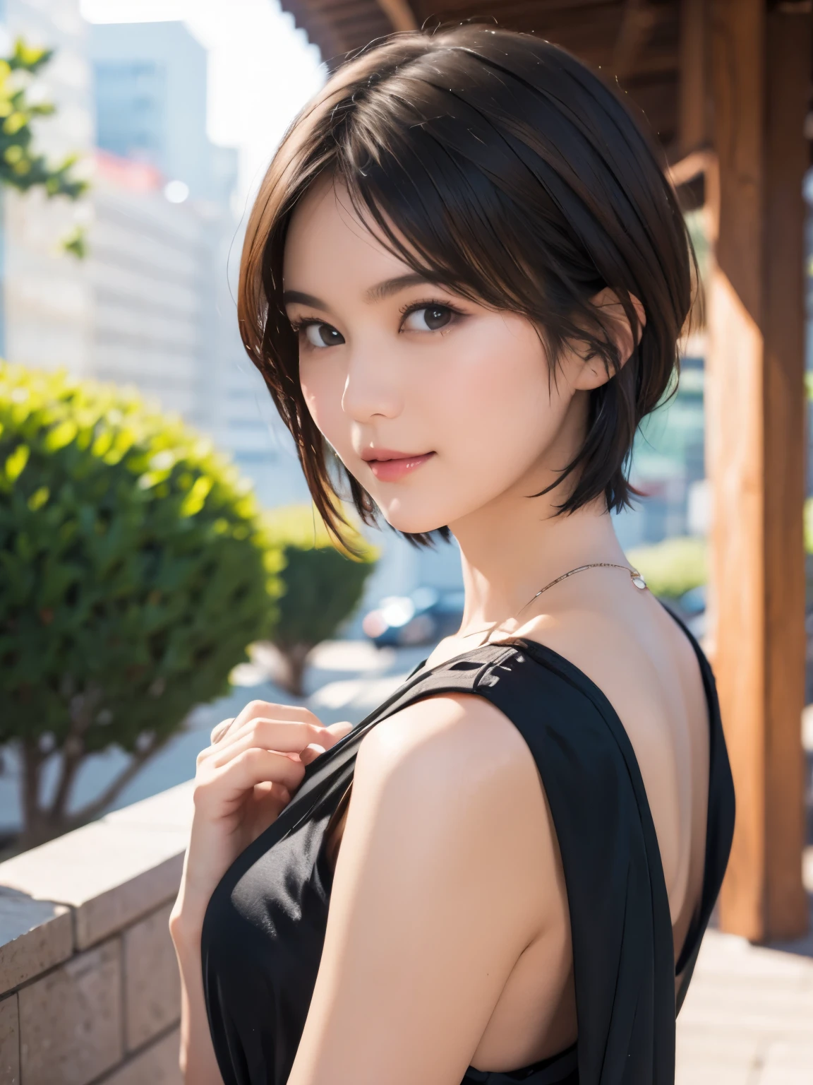 1 woman with short stylish hair, detailed beautiful face, seductive lingerie set, urban streetwear influences, city skyline background, neon lights, dramatic lighting, high fashion, ultra-detailed, (best quality,4k,8k,highres,masterpiece:1.2),ultra-detailed,(realistic,photorealistic,photo-realistic:1.37),cinematic lighting,moody atmosphere,fashion photography,dramatic pose,sharp focus,vivid colors