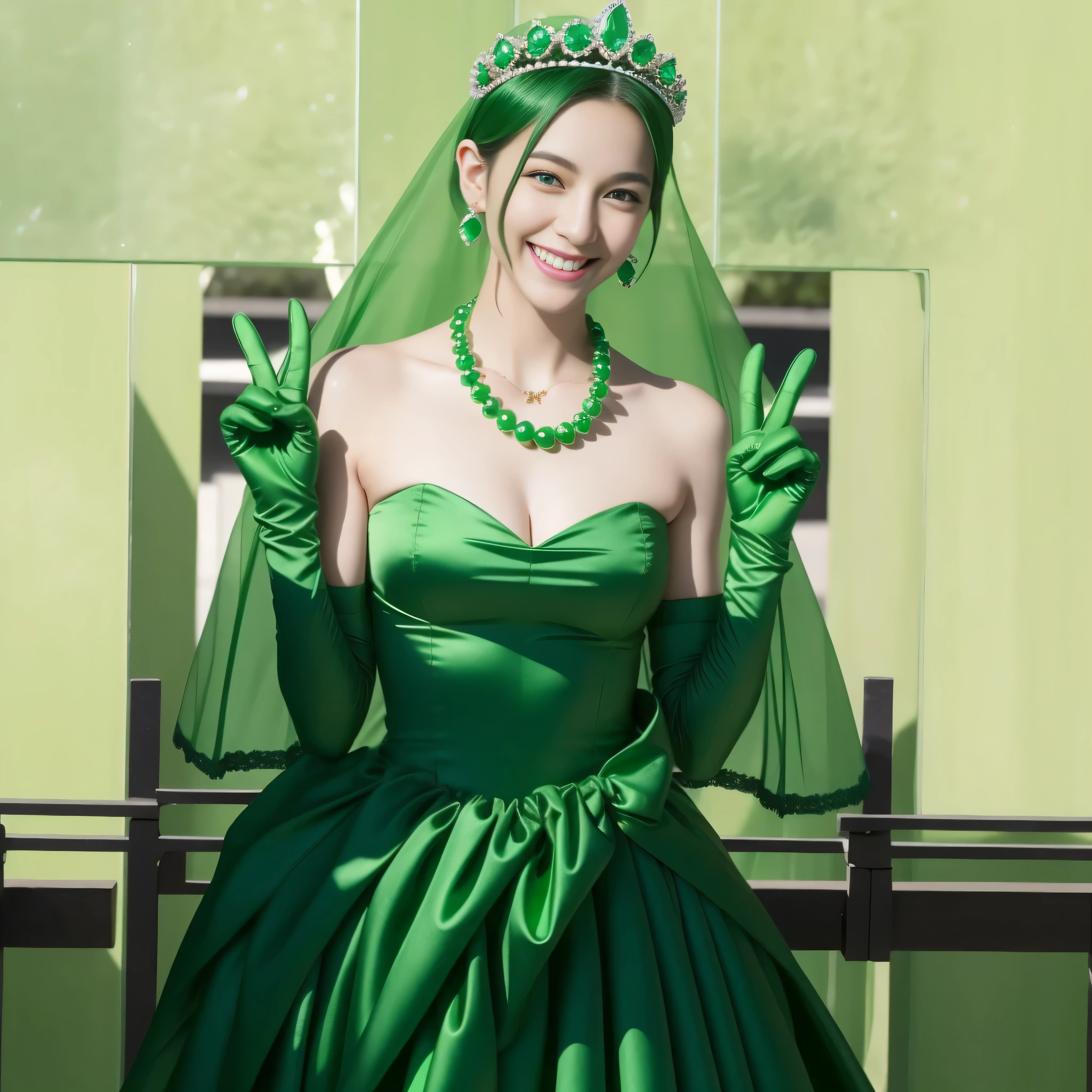 emerald tiara, green pearl necklace, boyish very short green hair, lipstick, smiling Japanese woman, very short hair, big breasts beautiful, green eyes, Long green satin gloves, green eyes, V sign, emerald earrings, green veil