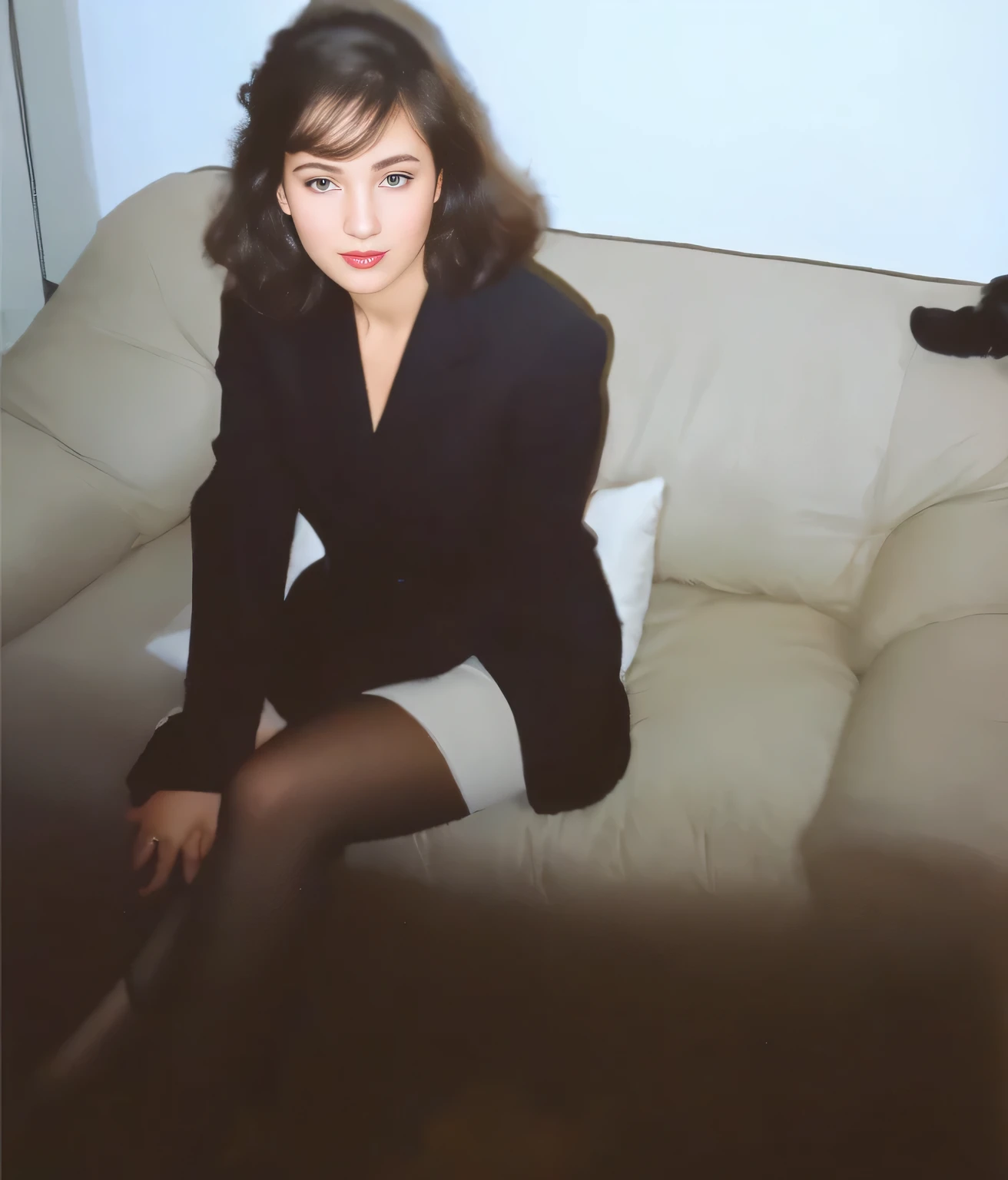 There's a woman sitting on a couch with a cat in the background, in a business suit, in a business suit, pernas cruzadas, usando meias, Lady in black coat and pantyhose, Saia bege, amante, em um terno formal, vestindo um cocar de uniforme , vestindo terno formal, foto completa, foto do ponto de vista, sitting not sofa, de joelhos. Uma mulher com pele branca e cabelos escuros. Ela tem trinta anos. Seu vermelho, slightly plump lips are like a delicate flower, e ela grande, olhos encantadores parecem conter um mundo de maravilhas. Ela tem 30 anos. Your body exudes glamor and your face is the definition of beauty. pernas bem torneadas. Altamente realista, pele avermelhada, beautiful lips, sorriso, feeling of lightness and joy, hiperrealismo, pele muito elaborada, olhar direto, trabalho de arte, Foto de alta qualidade, high resolution, 8k.