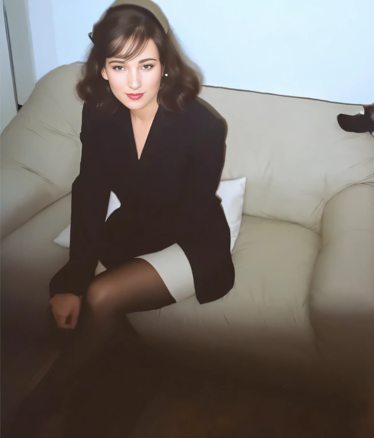 There's a woman sitting on a couch with a cat in the background, in a business suit, in a business suit, pernas cruzadas, usando meias, Lady in black coat and pantyhose, Saia bege, amante, em um terno formal, vestindo um cocar de uniforme , vestindo terno formal, foto completa, foto do ponto de vista, sitting not sofa, de joelhos. Uma mulher com pele branca e cabelos escuros. Ela tem trinta anos. Seu vermelho, slightly plump lips are like a delicate flower, e ela grande, olhos encantadores parecem conter um mundo de maravilhas. Ela tem 30 anos. Your body exudes glamor and your face is the definition of beauty. pernas bem torneadas. Altamente realista, pele avermelhada, beautiful lips, sorriso, feeling of lightness and joy, hiperrealismo, pele muito elaborada, olhar direto, trabalho de arte, Foto de alta qualidade, high resolution, 8k.