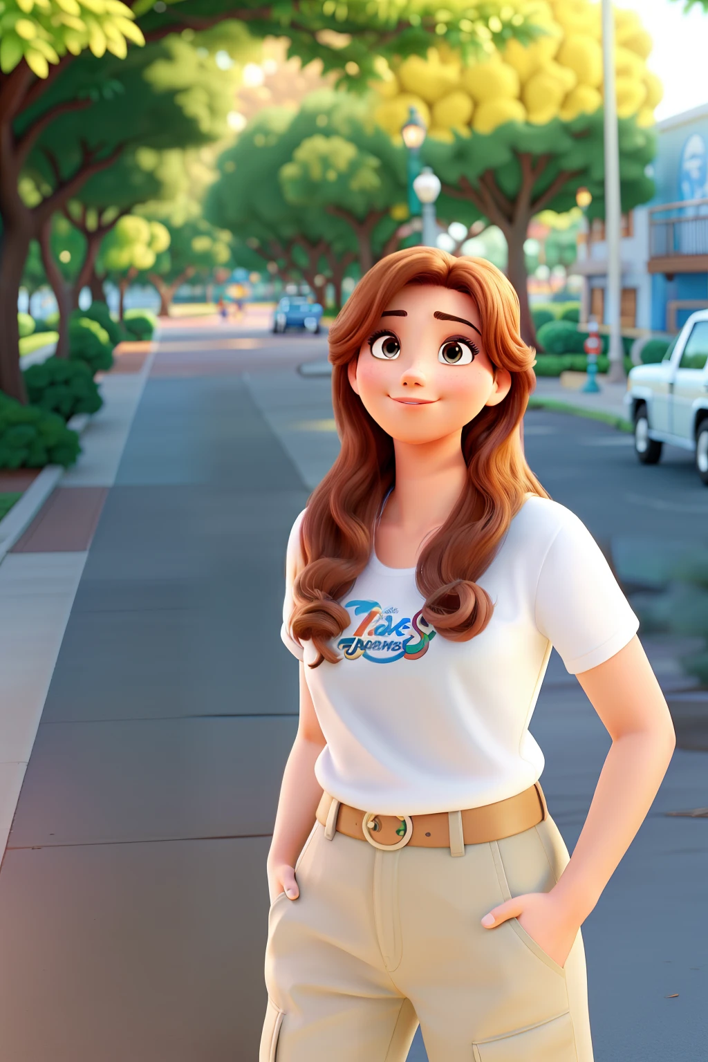 Poster no estilo Disney pixar, alta qualidade, melhor qualidade, mulher branca, 21 anos cabelo castanho, bonita, with a park background full of trees
