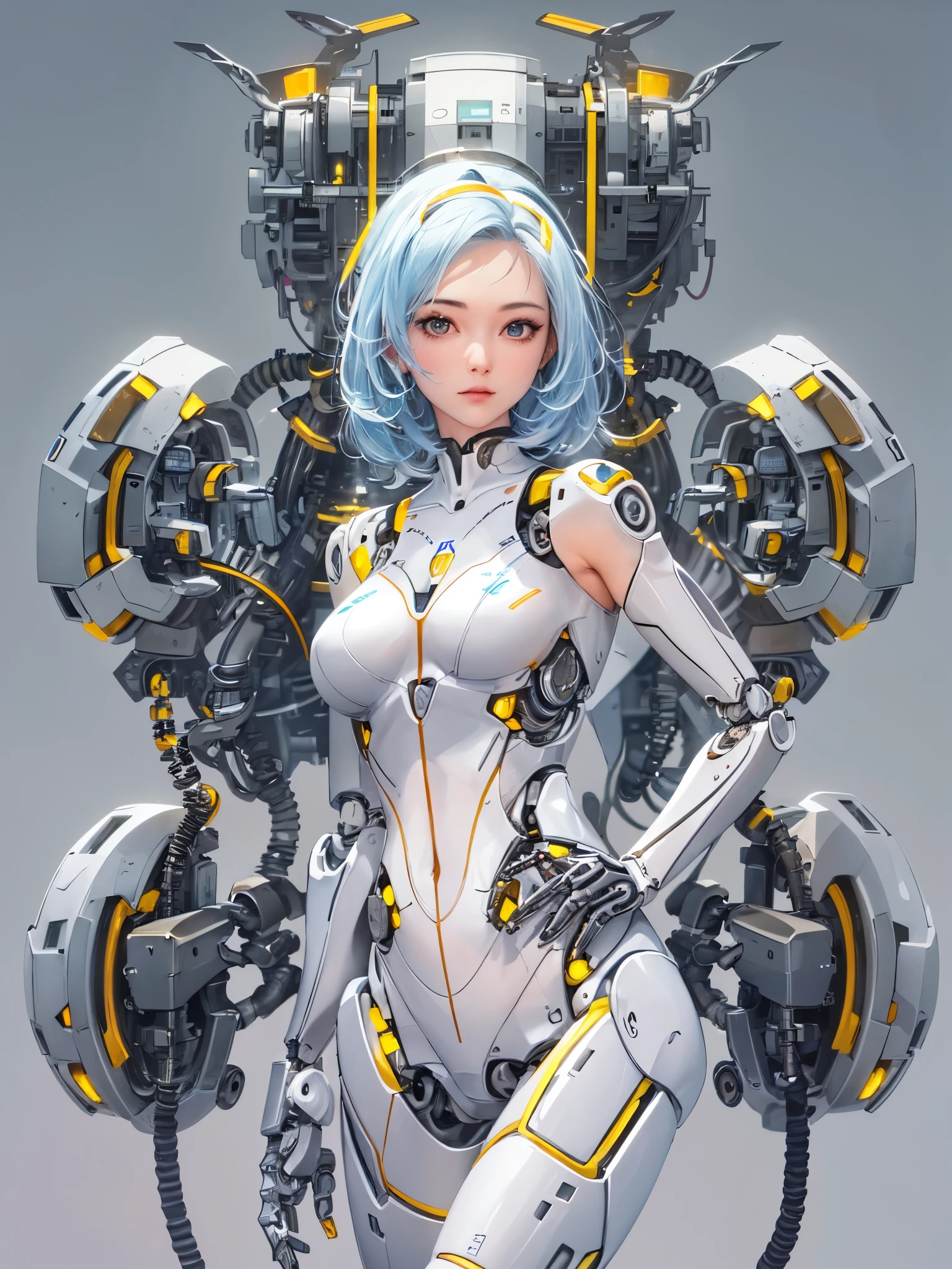 ((highest quality)),(ultra high resolution),(Super detailed),(detailed description),((best CG)),(best work of art),super precision art,great drawing art,(Sci-fi art with precise details:1.5), (One female robot:1.6),((Mechanical body detailed and detailed:1.5)),clear parts:1.6,exposed cylinder:1.5,sparkling lenses:1.3,glowing line:1.4,vernier,