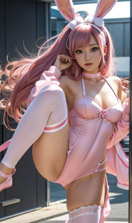 random hairstyle,random hair color,bunny ear hair band,1 female, 24-years-old,lower world photo,pink bunny suit,Bunny girl,one leg is raised high,Ycharacter balance,spread legs,Large slit,Kicking,Are standing,long thin legs,garter belt,High Detail,