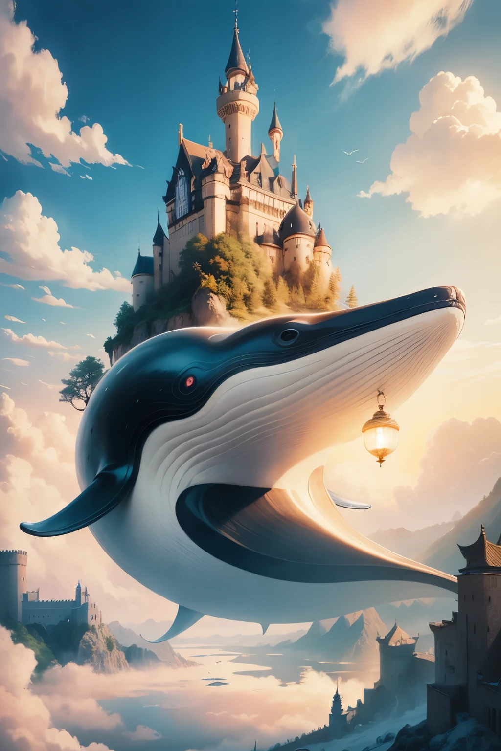 Draw a boy riding on a whale in the clouds,The background is a castle, Lying in Baiyun Wonderland, dreamlike illustration, city floating in the clouds, Sky Whale, A beautiful artistic illustration, In Baiyun Wonderland, land floating in the clouds,Fantastic illustrations, Feiyun Castle, Whimsical fantasy landscape art, on cloud,8K Ultra HD resolution。