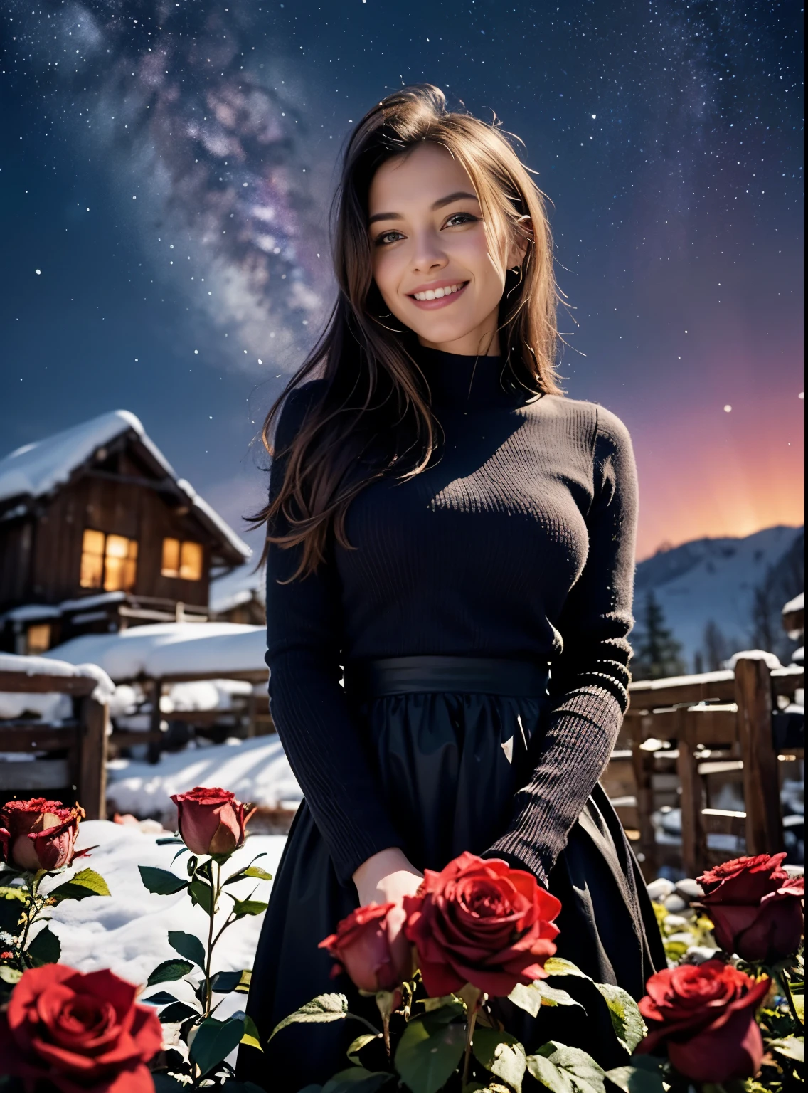 Create an artwork with three blended layers. The first layer should be the bottom third of the image and should contain the foreground. The second layer should be the middle third of the image and should contain the middle ground. The third layer should be the top third of the image and should contain the background.
Foreground: blurry red roses. Middle ground: an ultra hot European woman, age 23, (leaning forward:1.2), smelling roses with a smile. Background a snowy village, winter starry night, northern lights.