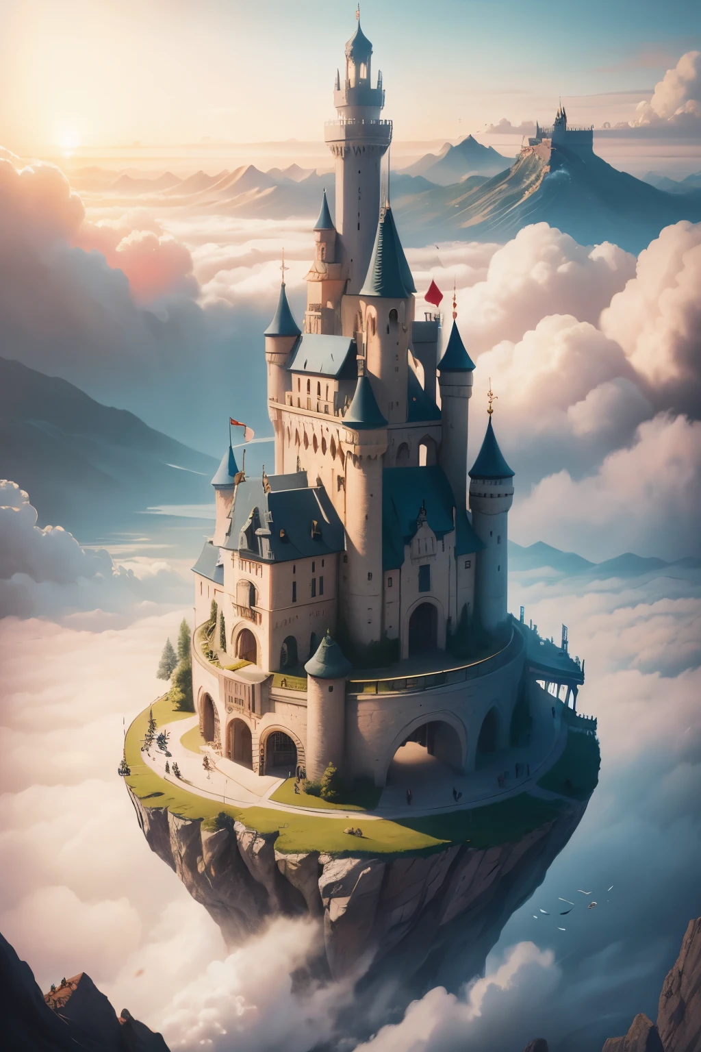 Draw a boy riding on a whale in the clouds，The background is a castle, Lying in Baiyun Wonderland, dreamlike illustration, city floating in the clouds, Sky Whale, A beautiful artistic illustration, In Baiyun Wonderland, land floating in the clouds,Fantastic illustrations, Feiyun Castle, Whimsical fantasy landscape art, on cloud,8K Ultra HD resolution。