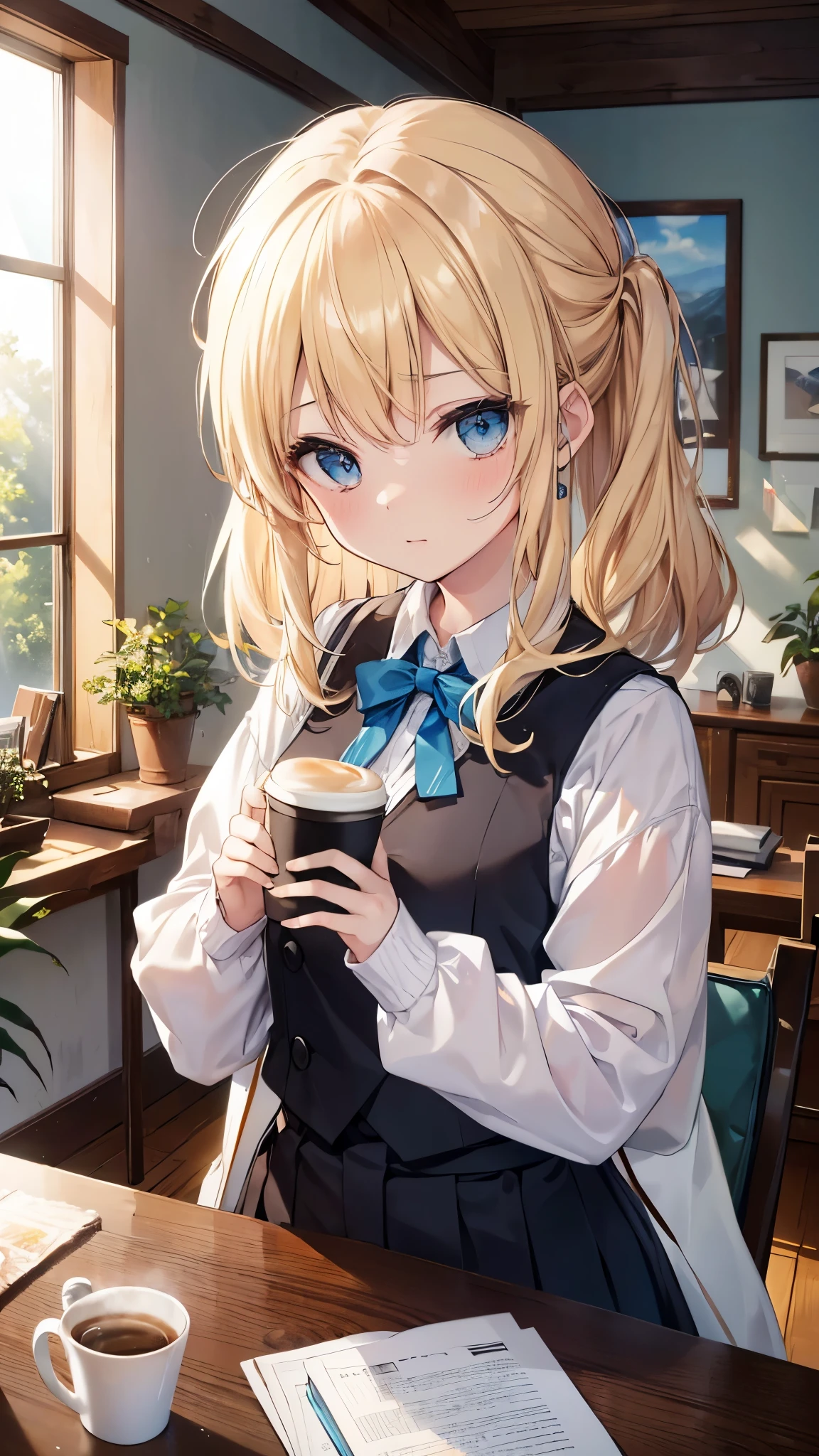 最high quality、best image quality、masterpiece、with a girl((18-year-old、 White Y-shirt with open buttons、,black underwear、vest bust、bust 85、blonde、disheveled semi-long、blue eyes、open your chest wide、valley、happiness、Slender、Bring your own coffee cup、embarrassed face)）high quality、Camera Film Style、With background((A room with beautiful sunlight))、table top、cool style、elaborate design、visual art