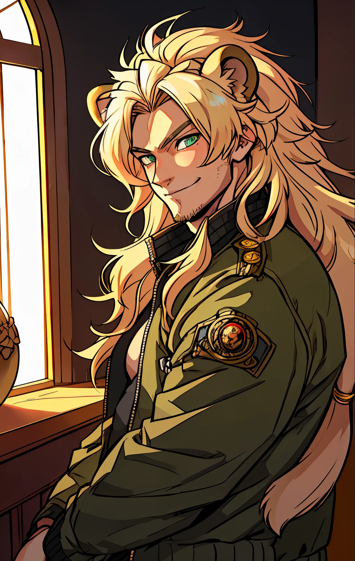 One male, lion ears, long hair, blond, blond hair, green eyes, tall, muscular, black bomber jacket, beautiful face, highest quality, masterpiece, 2d, anime, perfect face, highest detail, feline eyes, stubble, lion tail, wavy hair, cowboy shot, intricate details, room interior, solo, smile, blushing