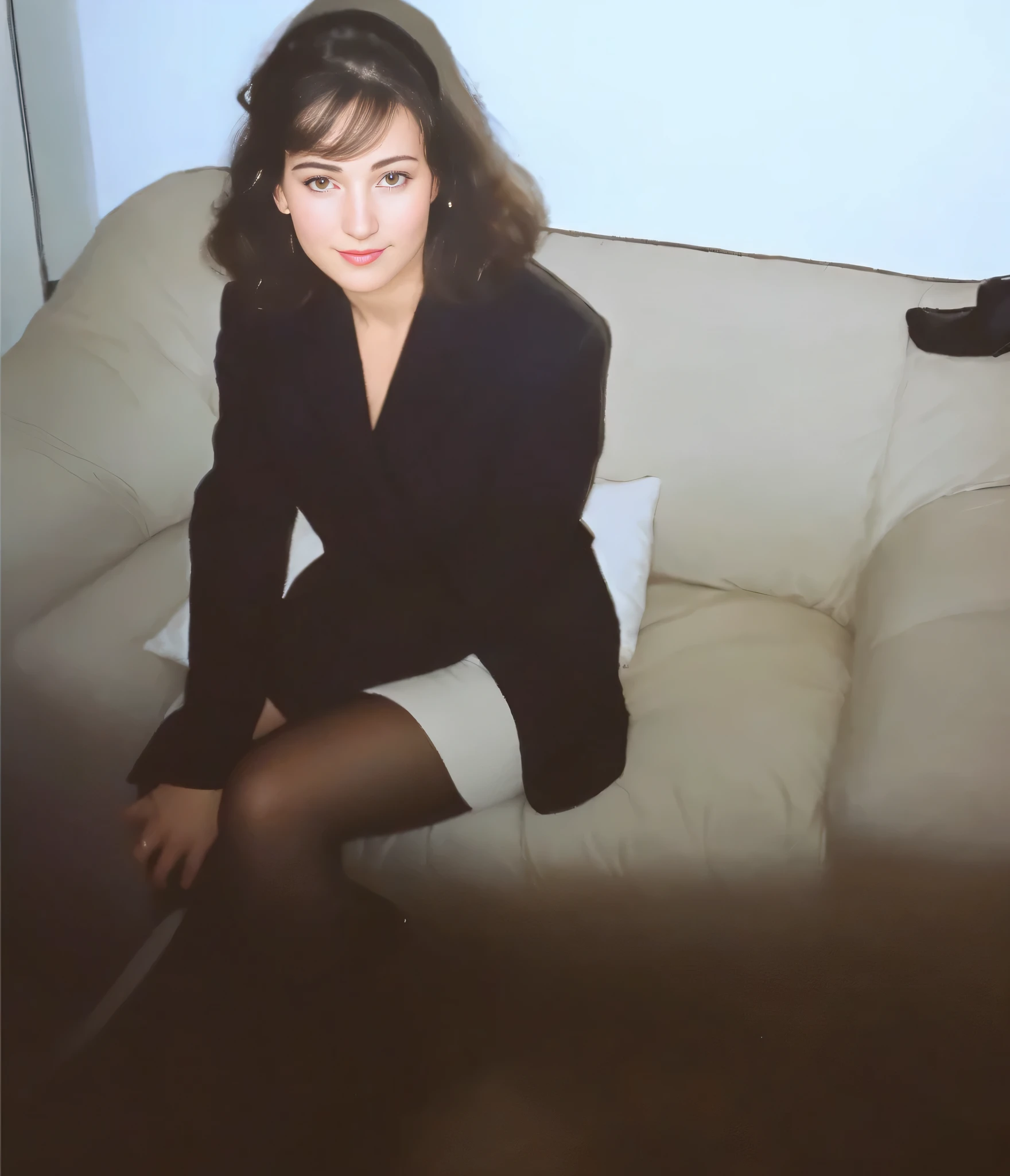 There's a woman sitting on a couch with a cat in the background, in a business suit, in a business suit, pernas cruzadas, usando meias, semi nua, Pernas lindas, Lady in black coat and pantyhose, Saia bege, amante, em um terno formal, vestindo um cocar de uniforme , vestindo terno formal, foto completa, foto do ponto de vista, sitting not sofa, de joelhos. Uma mulher com pele branca e cabelos escuros. Ela tem trinta anos. Seu vermelho, slightly plump lips are like a delicate flower, e ela grande, olhos encantadores parecem conter um mundo de maravilhas. Ela tem 30 anos. Your body exudes glamor and your face is the definition of beauty. pernas bem torneadas. Altamente realista, pele avermelhada, beautiful lips, sorriso, feeling of lightness and joy, hiperrealismo, pele muito elaborada, olhar direto, trabalho de arte, Foto de alta qualidade, high resolution, 8k.