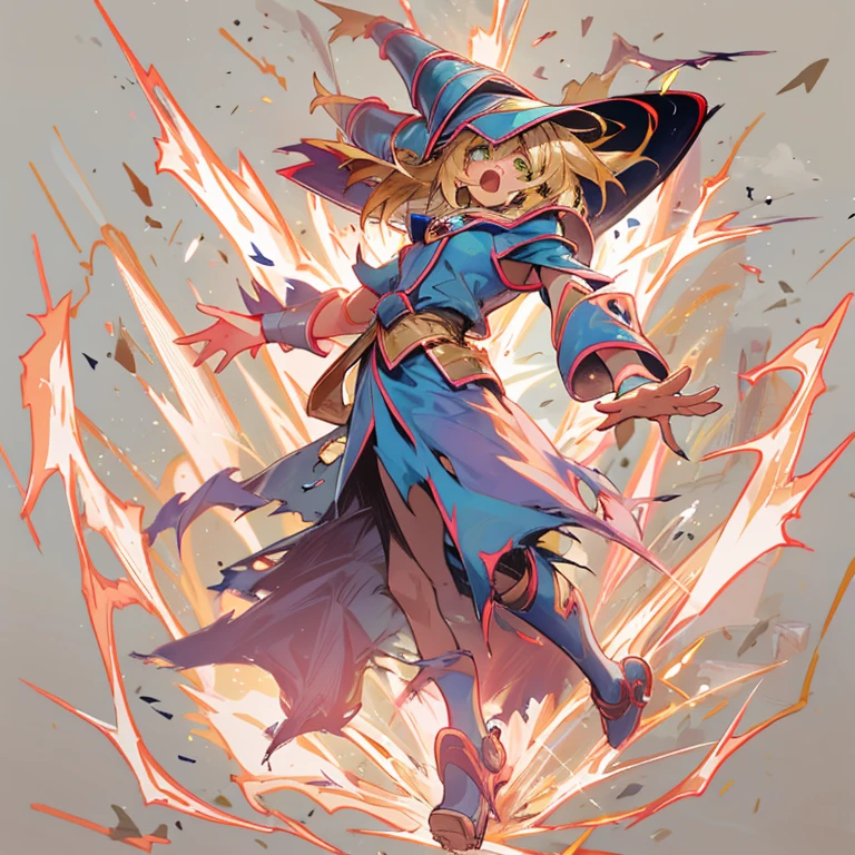 from side, 1girl, look another, solo, simple back ground, dark magician girl, torn clothes, big breast, tottering, screaming, empty eyes, tearing up, detailed face, defeated, falling, full body, energy beam pierce body, large hole on body