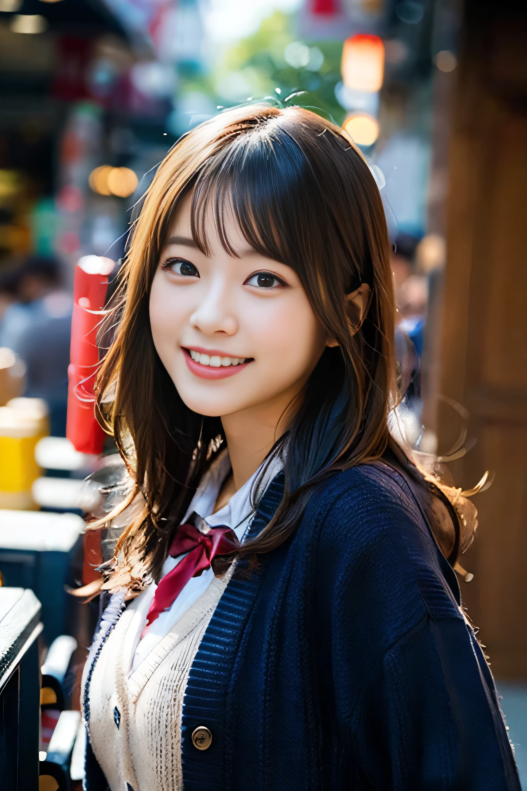 (8K、Raw photography、top-quality、masterpiece:1.2)、(realisitic、Photorealsitic:1.37)、ultra-detailliert、超A high resolution、1人、see the beholder、beautifull detailed face、A smile、Constriction、(Slim waist) :1.3)、Beautiful detailed skin、Skin Texture、Floating hair、Professional Lighting、Whole human body、Longhaire、a blond、japanese hight school uniform、hi-school girl、School route、First snow、、Red ribbons、Bob Hair、Happy smile、Childish smile、Suppin、Dark blue cardigan、Ramen shop
