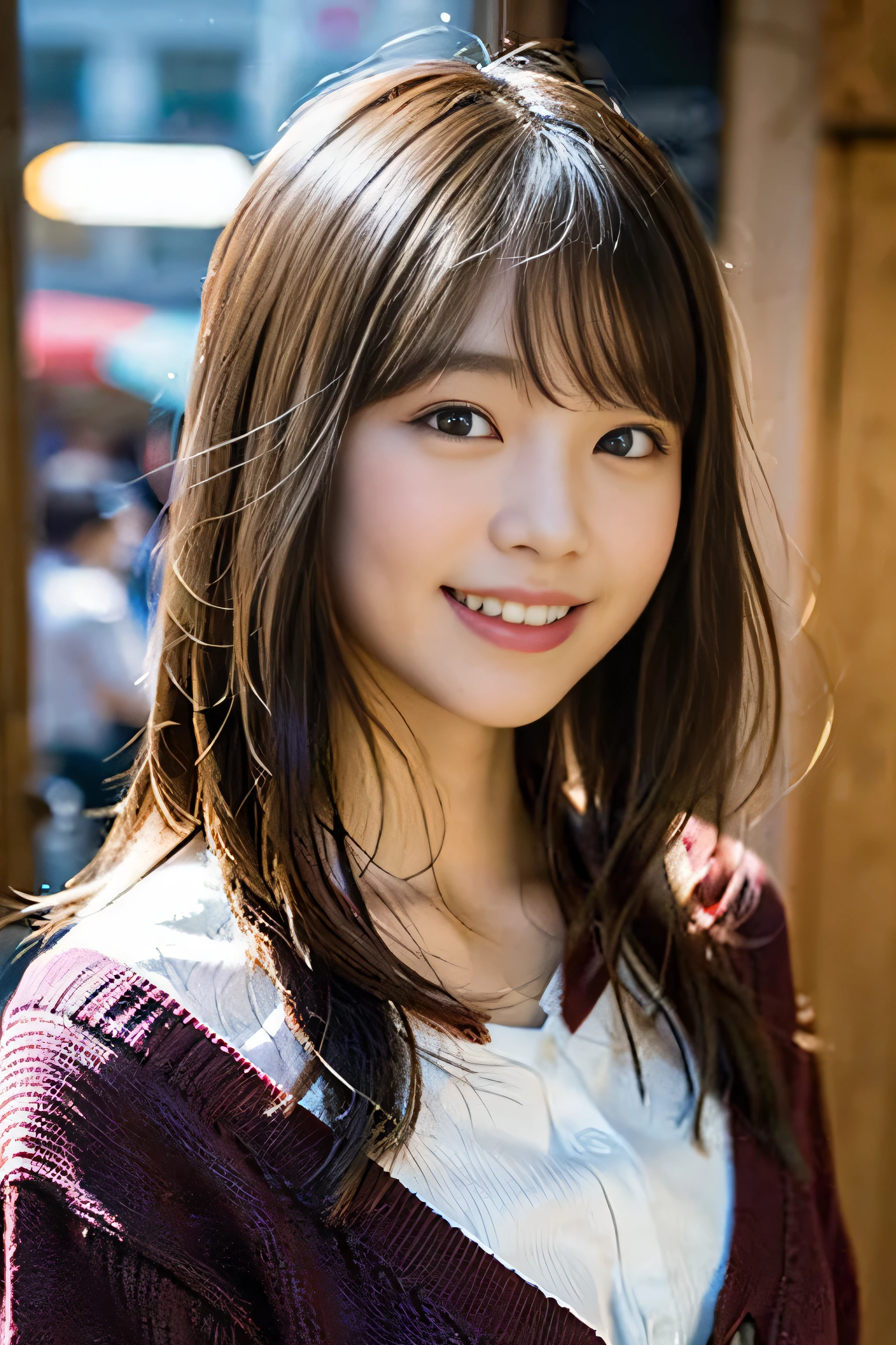 (8K、Raw photography、top-quality、masterpiece:1.2)、(realisitic、Photorealsitic:1.37)、ultra-detailliert、超A high resolution、女の子1人、see the beholder、beautifull detailed face、A smile、Constriction、(Slim waist) :1.3)、Beautiful detailed skin、Skin Texture、Floating hair、Professional Lighting、Whole human body、Longhaire、a blond、japanese hight school uniform、hi-school girl、School route、First snow、、Red ribbons、Bob Hair、Happy smile、Childish smile、Suppin、Dark blue cardigan、Ramen shop