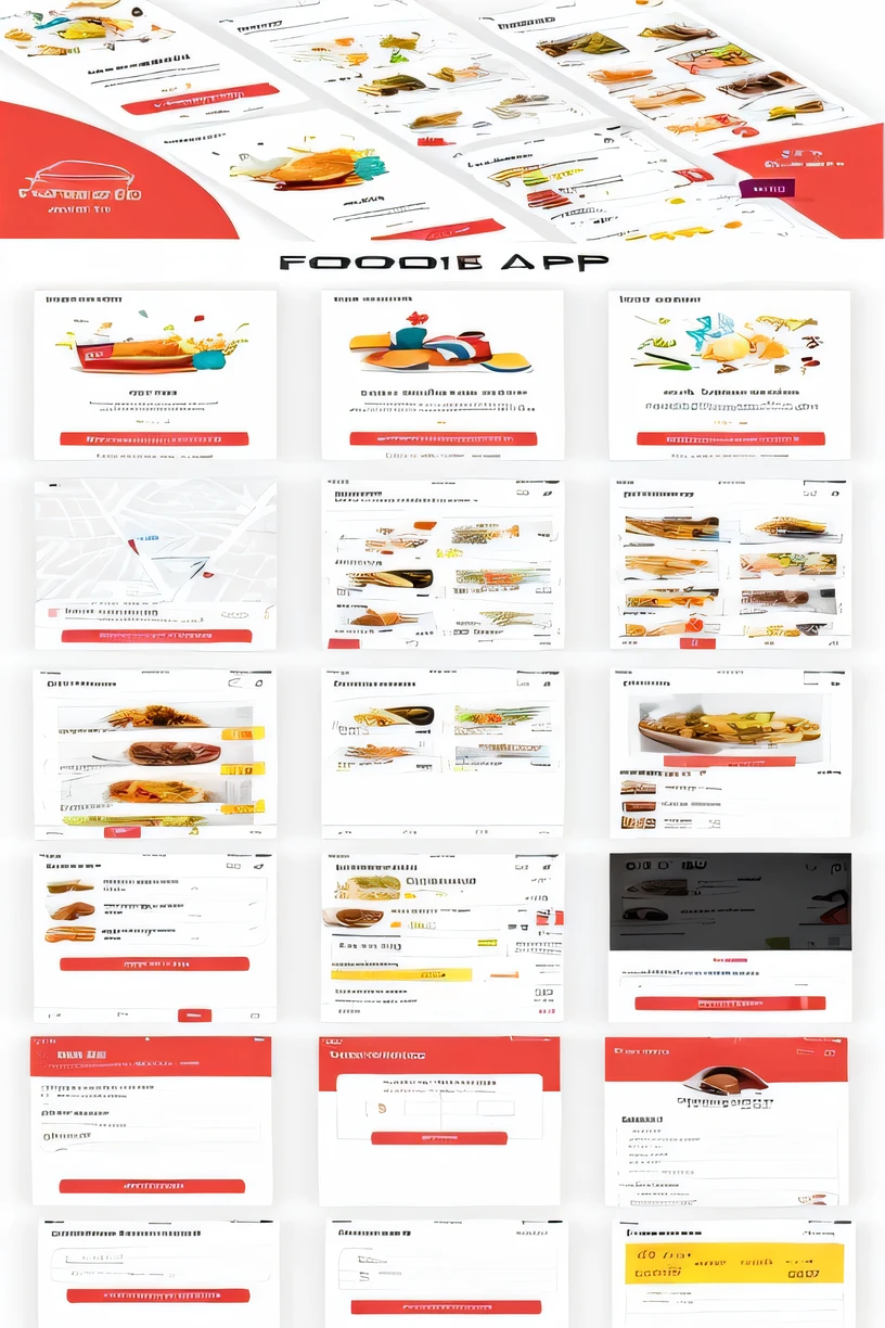 Many different foods displayed on white background, application design, ui design, unused design, looks very realistic, delicious, healthy, mobile application, Warm, 🦩🪐🐞👩🏻🦳, 🦑 design, red and white color theme, slick design, delicious的, Chinese, visually clear & Clear, mobile learning application prototype, application