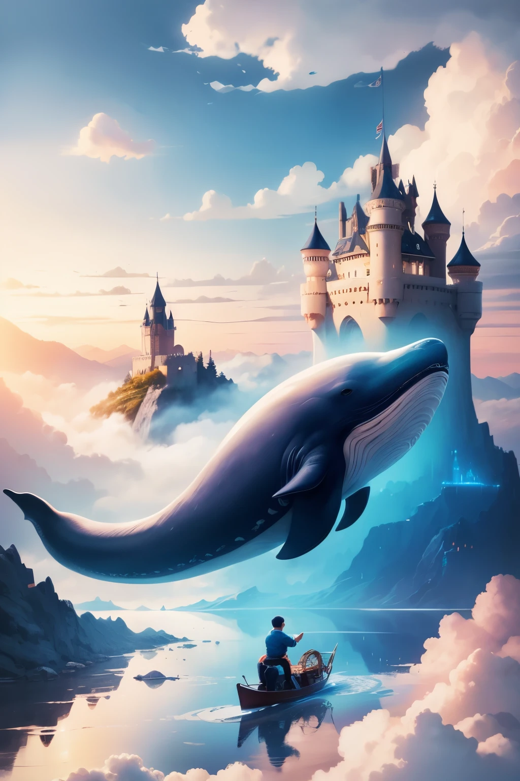 A boy rides on a whale in the clouds,The background is a castle, Lying in Baiyun Wonderland, dreamlike illustration,,8K Ultra HD resolution。