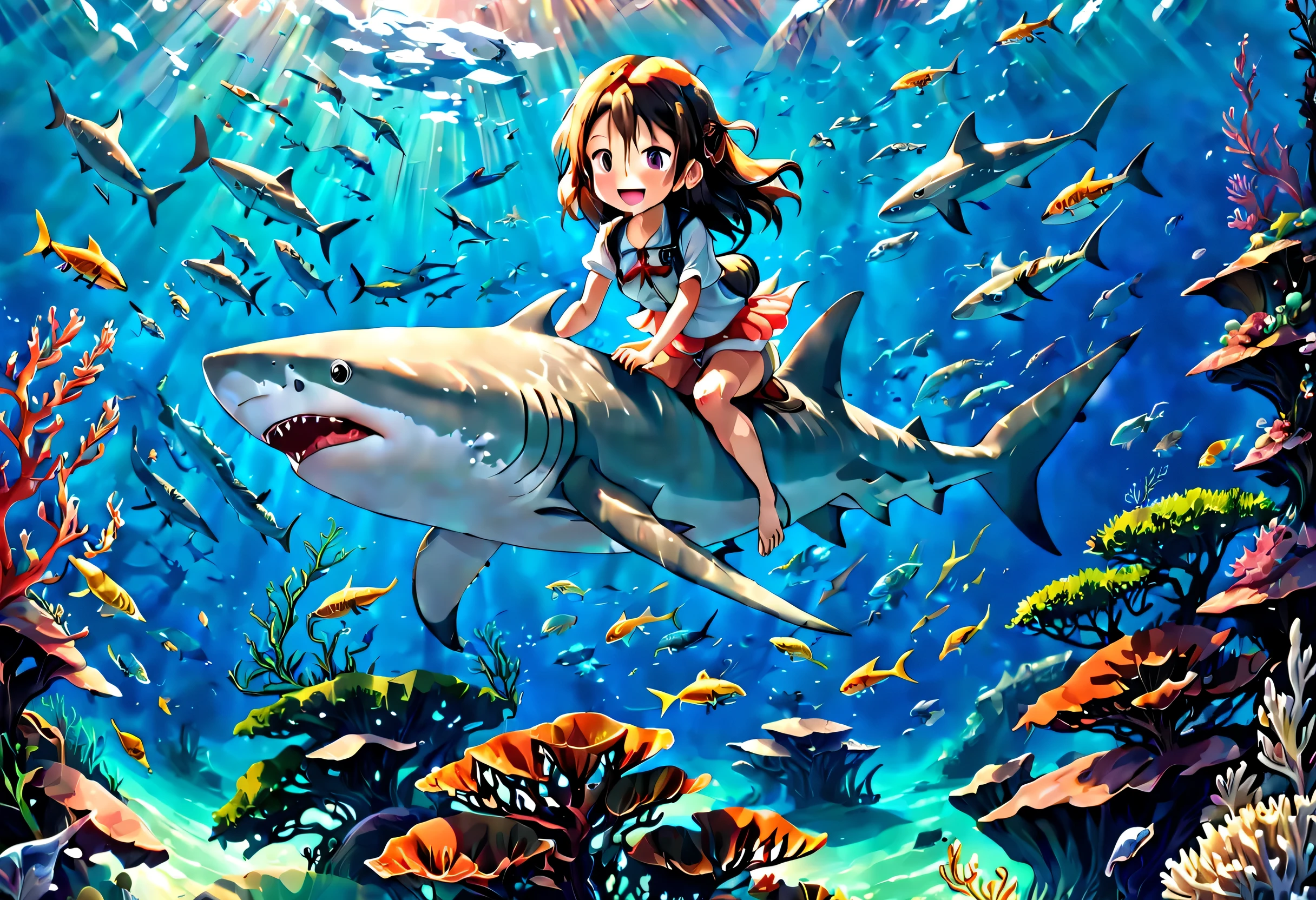 anime, Cute girl happily exploring the sea riding a shark, Beautiful sea with high transparency, sparkling coral reef, seaweed, School of small fish, (masterpiece), (highest quality), (Ultra high definition)