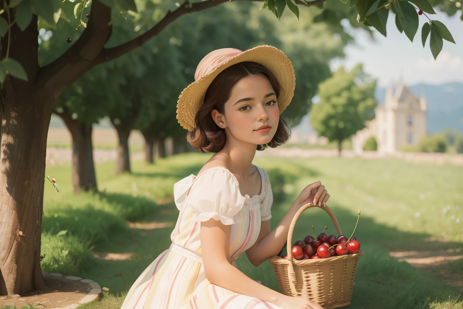 1810s French Chateau Cherry Picking Extravaganza (Location: Provence)
Character: A French girl, around 8 years old, with a bonnet and dressed in Provencal style, engages in a cherry-picking extravaganza in the orchards surrounding a chateau in Provence during the 1810s. The abundance of ripe cherries adds a burst of color to the idyllic scene. Wes Anderson's Provence palette paints a portrait of youthful joie de vivre.