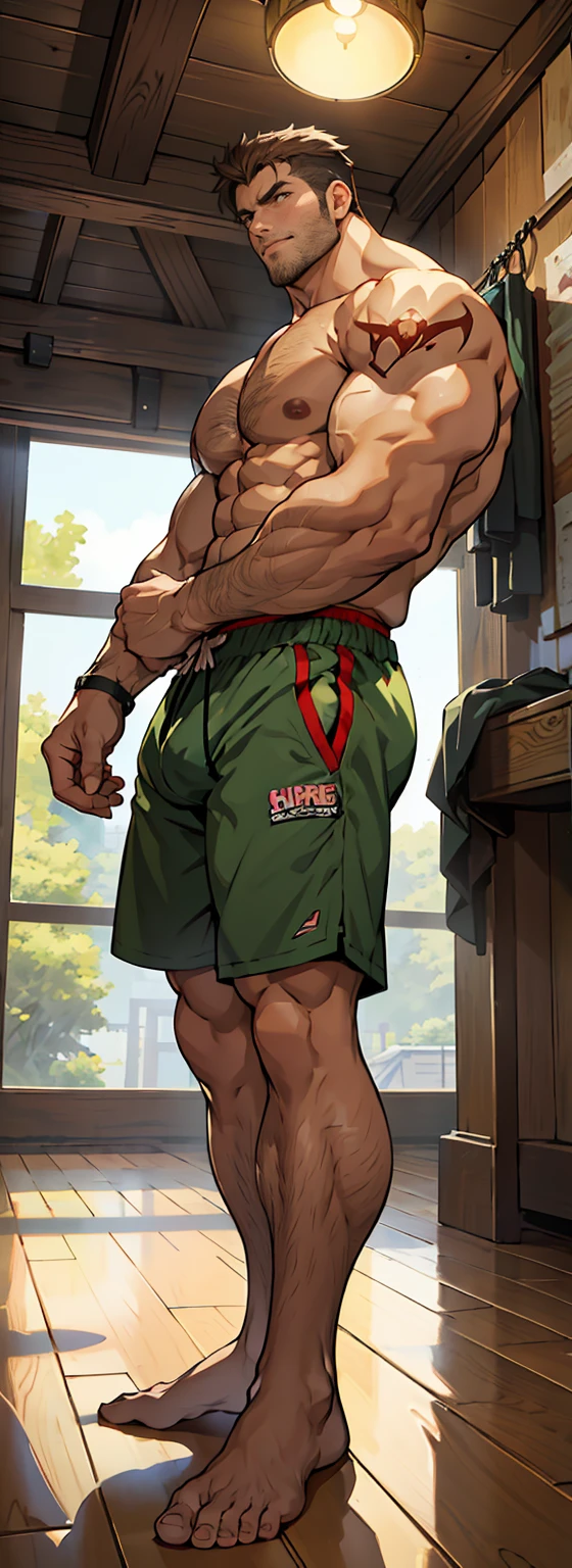(shoeless),(shoeless),(Legs covered with long, thick leg hair),(Keep his eyes open),Super big feet,(Whole body),(Long leg hair),( With a green tattoo on his shoulder),(body hair thick),(Super big feet),show off thick arms to the audience,(He was wearing shorts which showed his long, muscular, hairy legs),(The genital organs are extremely prominent),(Very large genitalia),(shorts),(Giant arm),The background in an interior with vintage furniture and vintage wooden floor surroundinacropodia),(Long legottom-up view),(Side to audience) ,(Put his hands at his waist), (eyes looking at audience) ,(There a huge protuberance across the part),Side Body,Sense of evil,Sharp eyes,(Thick dark brown hair on crotch),closeup of arms,((The camera zooms in)),((The audience blocked by the protagonist in a corner and the perspective slightly lower.)),(Bottom-up view),(crotch),(Shoulders exposed),(Stout arms),Shoulders very broad,Muscles protrude a lot,Bulging crotch,(Long legs),Highest image quality,Anime ,anime wallpaper,Dilation of the pectoral muscles,Espalhe as pernas,sexy,(master part, best quality),((Exaggerated bulge of muscles)),The protagonist very tall and his head almost reaches the ceiling,Lush woods outside the window,musclebound and hulking, muscular characters, super buff and cool, tall and muscular, muscular!!, very buff, muscular attractive men, massive muscles, big muscle, Muscular men, anime handsome men, muscular!, gigachad muscles, muscular bodies, muscular character,