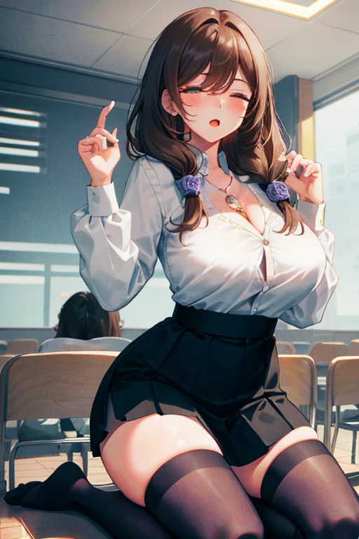 Lisa, genshin impact, 1 girl, alone, ((white shirt)), black Thighhighs, huge breasts, big breasts, cleavage, uniform, office background, black skirt, pleated skirt, office, hair between eyes, messy hair, big breasts, long hair, brown hair, red short nails, green eyes, alone, Thighhighs, thighs, very long hair, ((masterpiece)), classroom, Mechanical, Chair, board, class board, Teaching, blush, adult woman, Ecchi Woman, open your mouth a little, close your eyes, (kneeling pose), (grab your boobs:1.3),