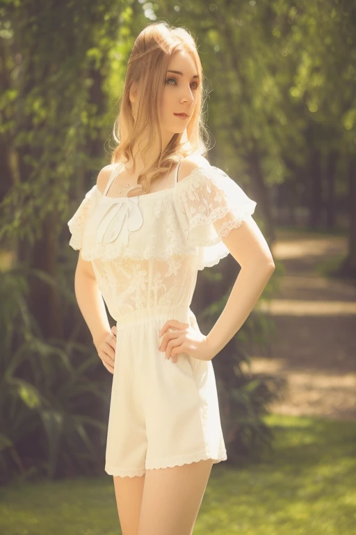 araffed woman in white dress posing for a picture in a park, amouranth, anna nikonova aka newmilky, white lace clothing, in white clothes, in a sunny day, on a sunny day, dressed in a top and shorts, in sunny weather, better known as amouranth, bright sunny day, on a bright day, yelena belova
