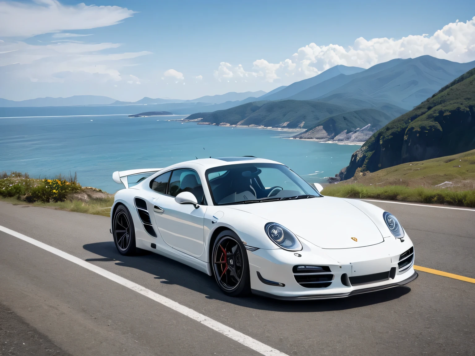 ultra high resolution、super high quality、8K、Wonderful expression with attention to detail、early summer coastline、A pure white sports car stopped at a mountain pass.Porsche 935 turbo