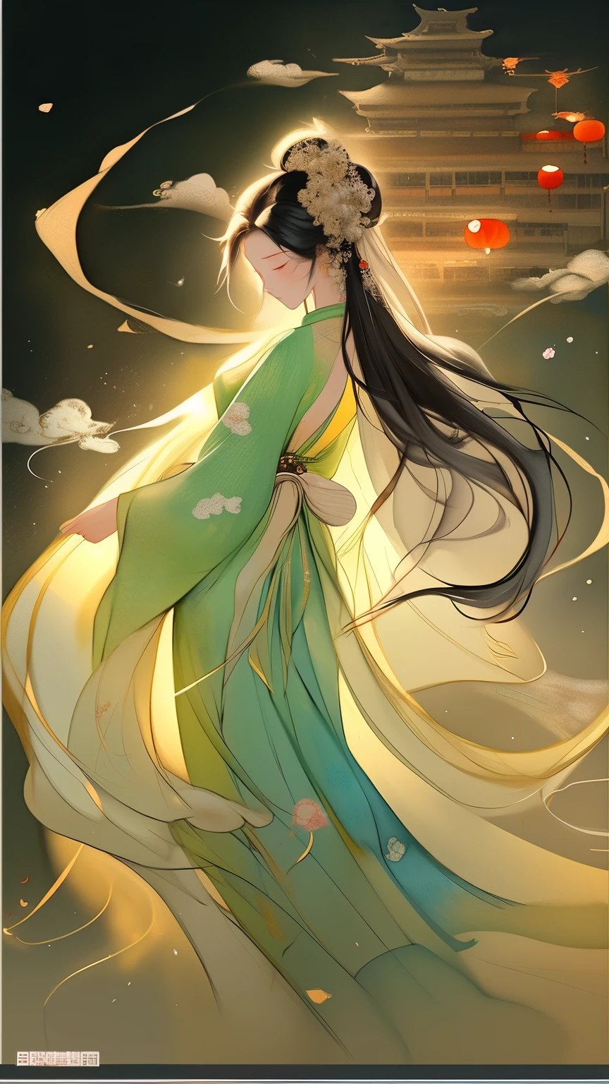 ink painting,watercolor smudge,1 girl, solo, long hair, black hair, hair accessories, long sleeves, close eyes, flower, outdoor, sky, 毛flower, from behind, sash, contour, make up, night, China costume, night空, light particles, lantern, architecture, 纸lantern, Hanfu,1 girl, solo, black hair, hair accessories, long sleeves, Gorgeous silk dress, Hanfu,belt,long sleeves,damask,jewelry, Shut up, Permanent, whole body, flower, bun, vague, looking back,flower瓣, contour, night, China costume, 单bun, flower朵装饰的发簪,散开的long hair,红flower, night空, light particles,黄金jewelry, bead, architecture, updo, Hanfu,high quality, best quality,8K CG, Ultra-detailed, HD, masterpiece, Watercolor oil painting,丹青ink painting,ink painting彩晕染,bling,antique art,The background is decorated with auspicious clouds and silk ribbons,Elegant and peaceful atmosphere,Concept art illustration,Light painting rendering,Zen style, In line with Chinese aesthetics,The beauty of imaginary artistic conception,Beautiful digital illustration,粉红色的桃flowerflower瓣围绕着她