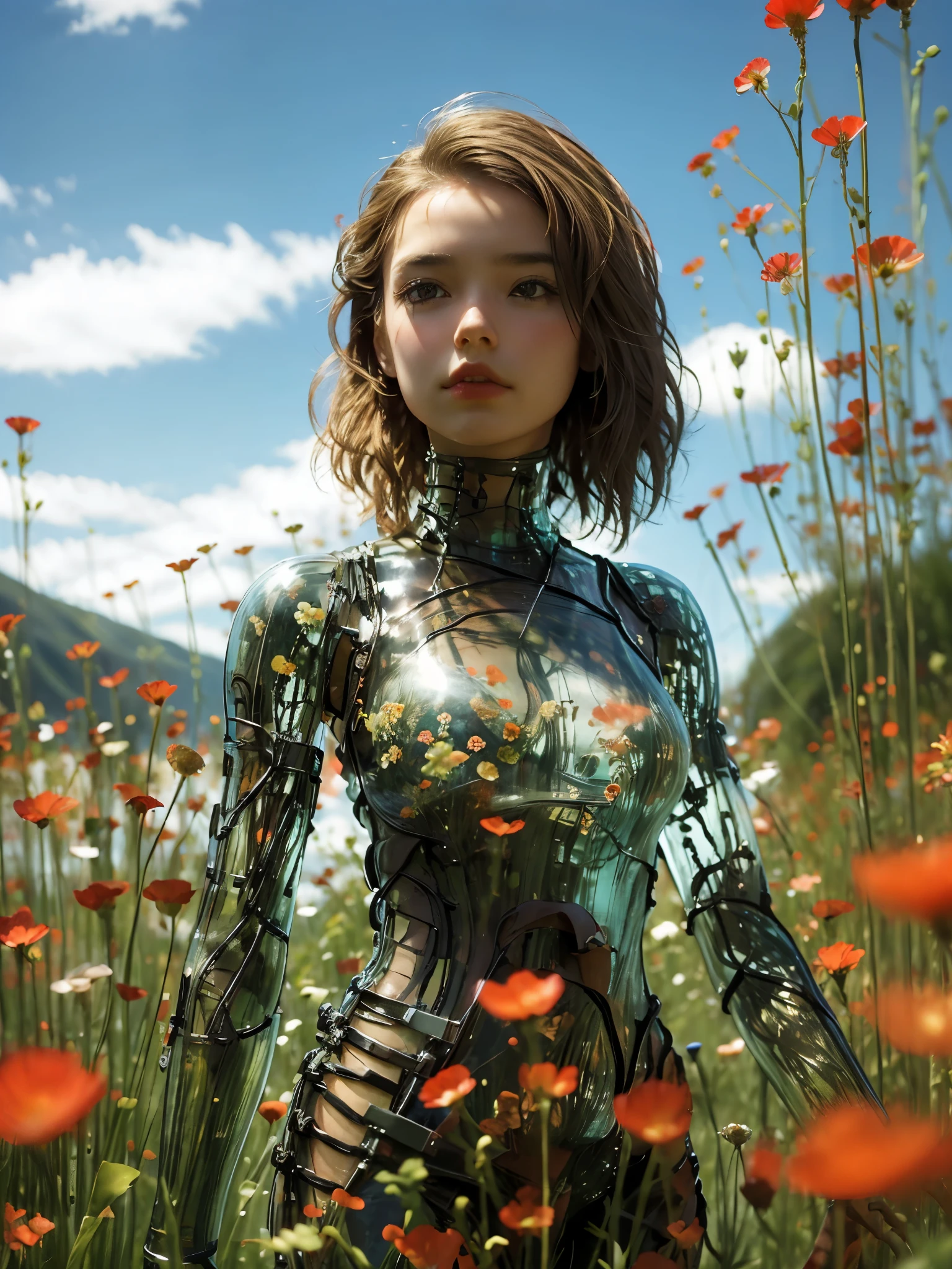 1 girl, looking at the audience, realistic, long hair, long hair blown by wind, solo, flowers, sky, sky, outdoor, short hair, brown long hair, science fiction, blur, grass, realism, clouds, blue sky, chest, lips, transparent, transparent, transparent, sunset lighting,at the field