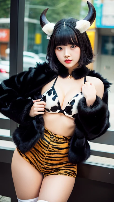 A woman wearing cow horns, a tiger print skirt, and a black fur jacket.