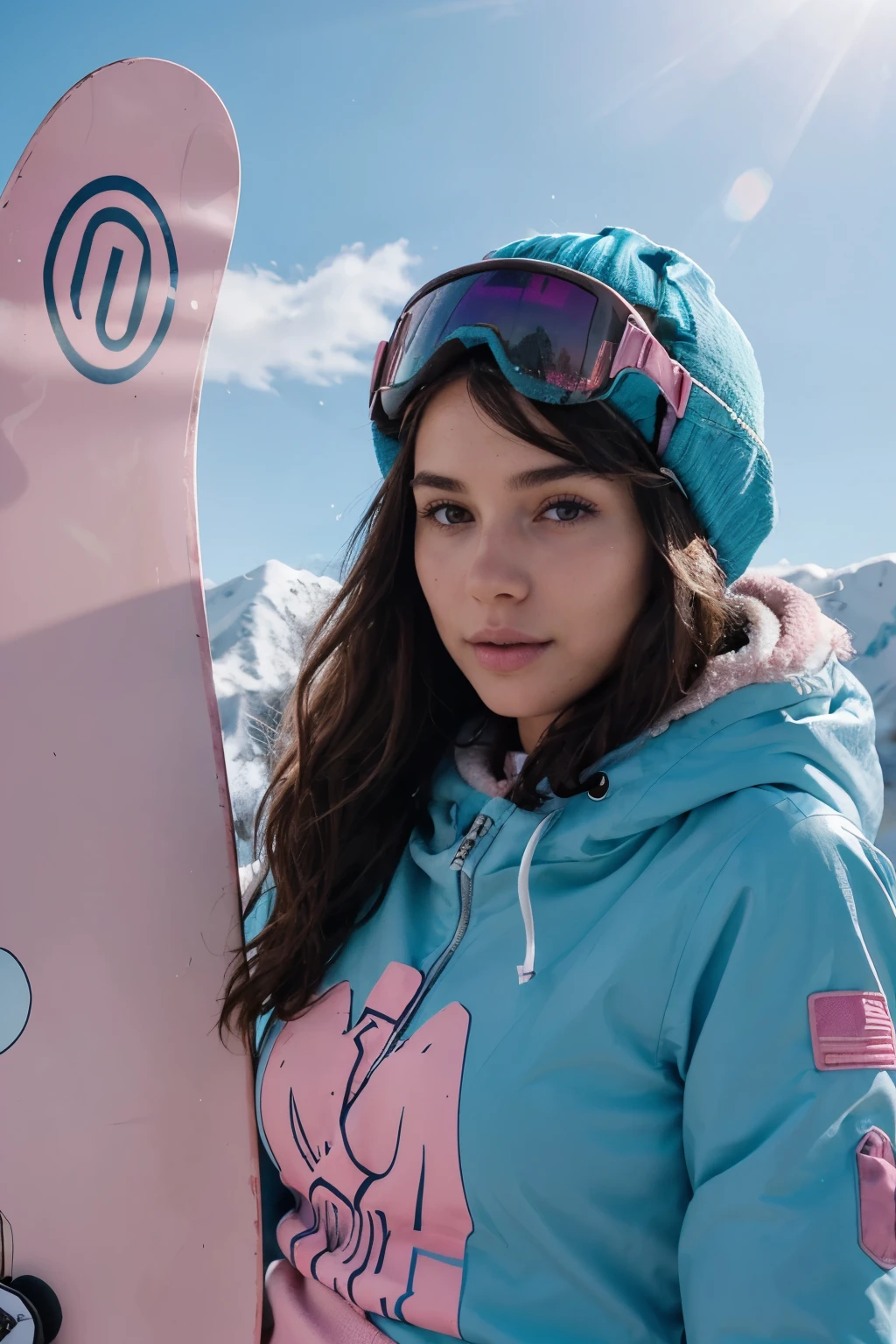 (wavy brunette perfect body Supermodel), wearing (light pink and baby blue snowboard costume), posing on a slope, snowboarding, feminine fit detailed body and face and skin pores, highly detailed expressive, space above head, depth of field, skin details, sun light, ultra realistic, cinematic