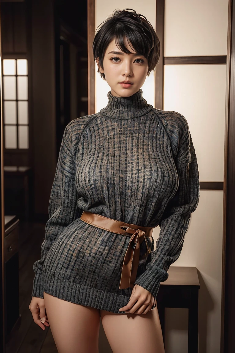 1 japanese female,(disheveled extra fluffy pixie cut:1.2)、8K、RAW photo、high quality、high quality、Extremely detailed photography、An eye for detail、super detail face、Super detailed reproduction of hair、super detail body、(photography lighting:1.3)、dark brown short hair、good lips、natural makeup、 (Dark grey cable knit turtleneck sweater:1.2)、(fine fabric:1.3), (slanted eyes)、tilting head, (huge breasts:1.2), thick thighs, thick waist, (realistic, photorealism: 1.37),(fullbodyshot),(hiheels),(standing),looking at viewer