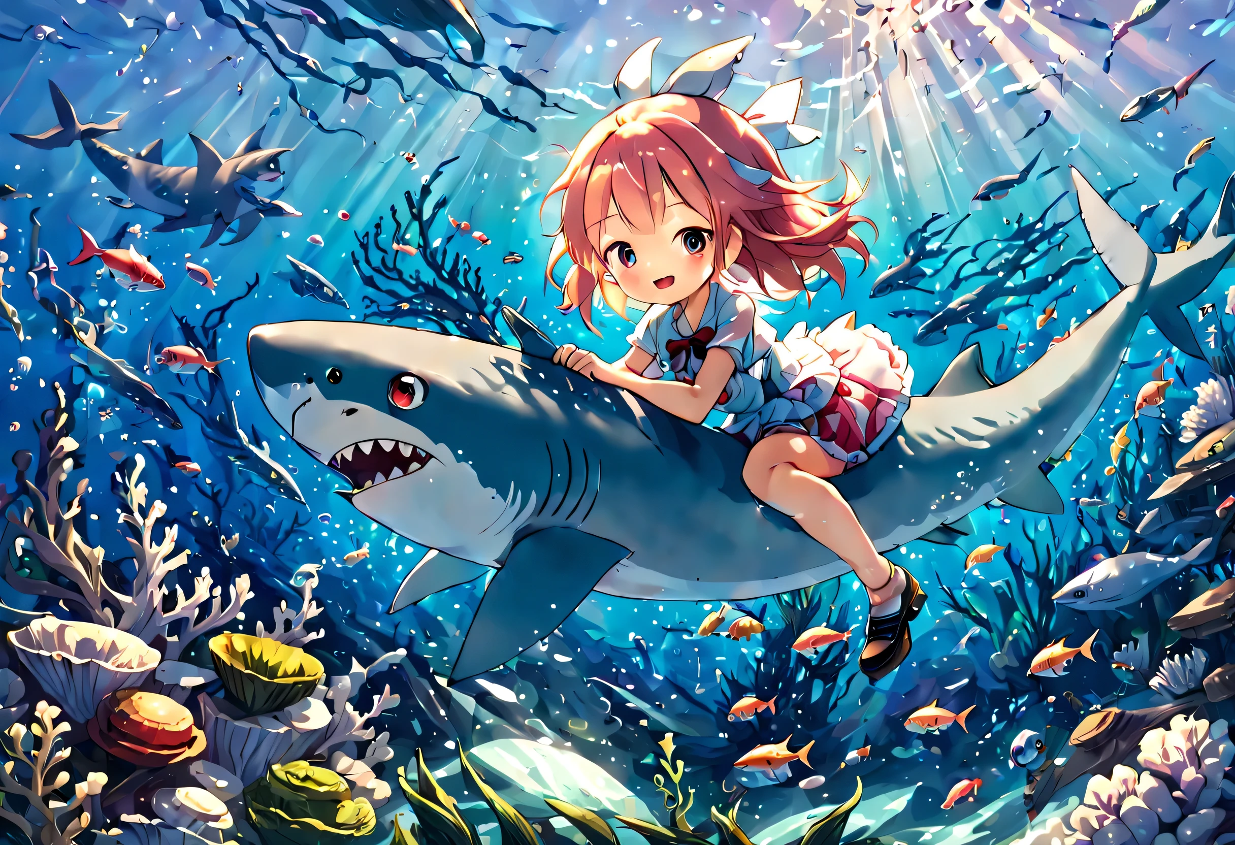 anime, Cute girl happily exploring the sea riding a shark, Beautiful sea with high transparency, sparkling coral reef, seaweed, School of small fish, (masterpiece), (highest quality), (Ultra high definition)