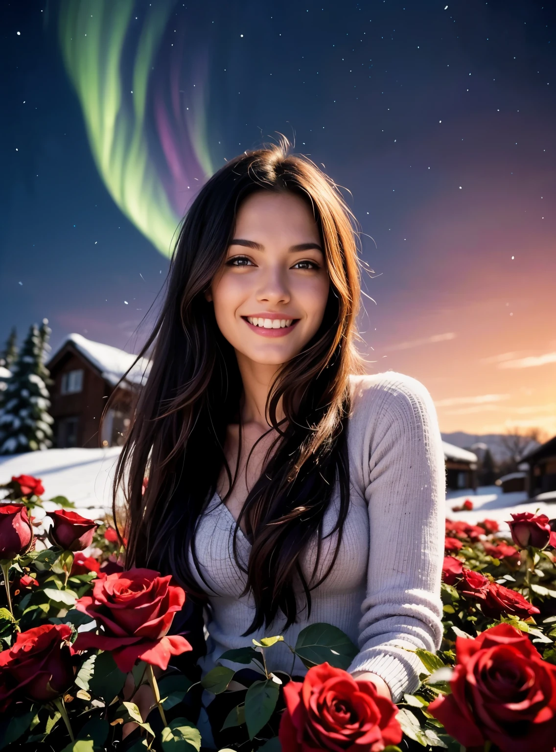Create an artwork with three blended layers. The first layer should be the bottom third of the image and should contain the foreground. The second layer should be the middle third of the image and should contain the middle ground. The third layer should be the top third of the image and should contain the background.
Foreground: blurry red roses. Middle ground: an ultra hot European woman, age 23, (leaning forward:1.2), smelling roses with a smile. Background a snowy village, winter starry night, northern lights.