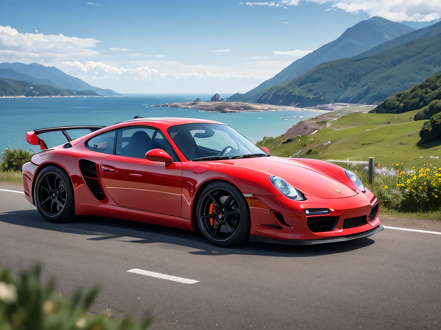 ultra high resolution、super high quality、8K、Wonderful expression with attention to detail、early summer coastline、A red sports car stopped on a mountain pass.Porsche 935 turbo