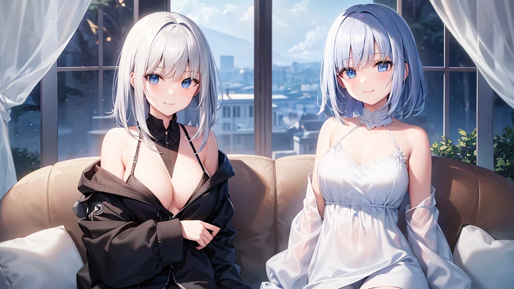 super high quality, with a girl, 20-year-old, very short hair, long bangs between the eyes, pale blue eyes , blue sky, sunlight, very detailed,(masterpiece、highest quality)、alone、gray hair、laughter、White skin as clear as snow、fantasy, silver hair, black eye, beautiful eyes,, ecstasy, charm, be smitten with audience, landscape shorts、white hoodie、Hoodie with open front、black shirt、inside the room、sit on the sofa、smile at the sky