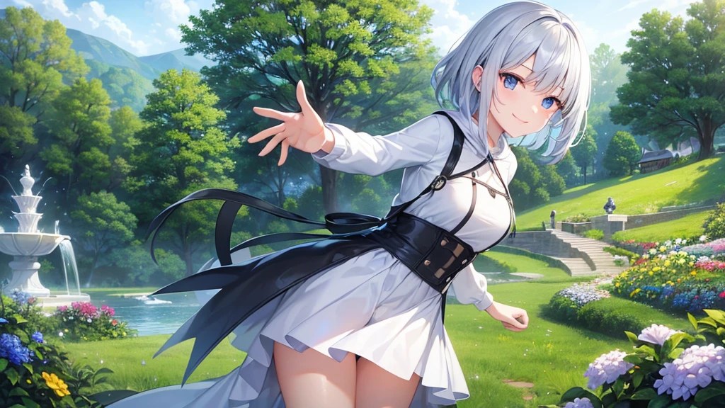 super high quality, with a girl, 20-year-old, very short hair, long bangs between the eyes, pale blue eyes , blue sky, sunlight, very detailed,(masterpiece、highest quality)、alone、gray hair、laughter、White skin as clear as snow、fantasy, silver hair, black eye, beautiful eyes,, ecstasy, charm, be smitten with audience, landscape shorts、white hoodie、Hoodie with open front、black shirt、fountain in the forest、flower garden、smile at the sky、I can see the sea